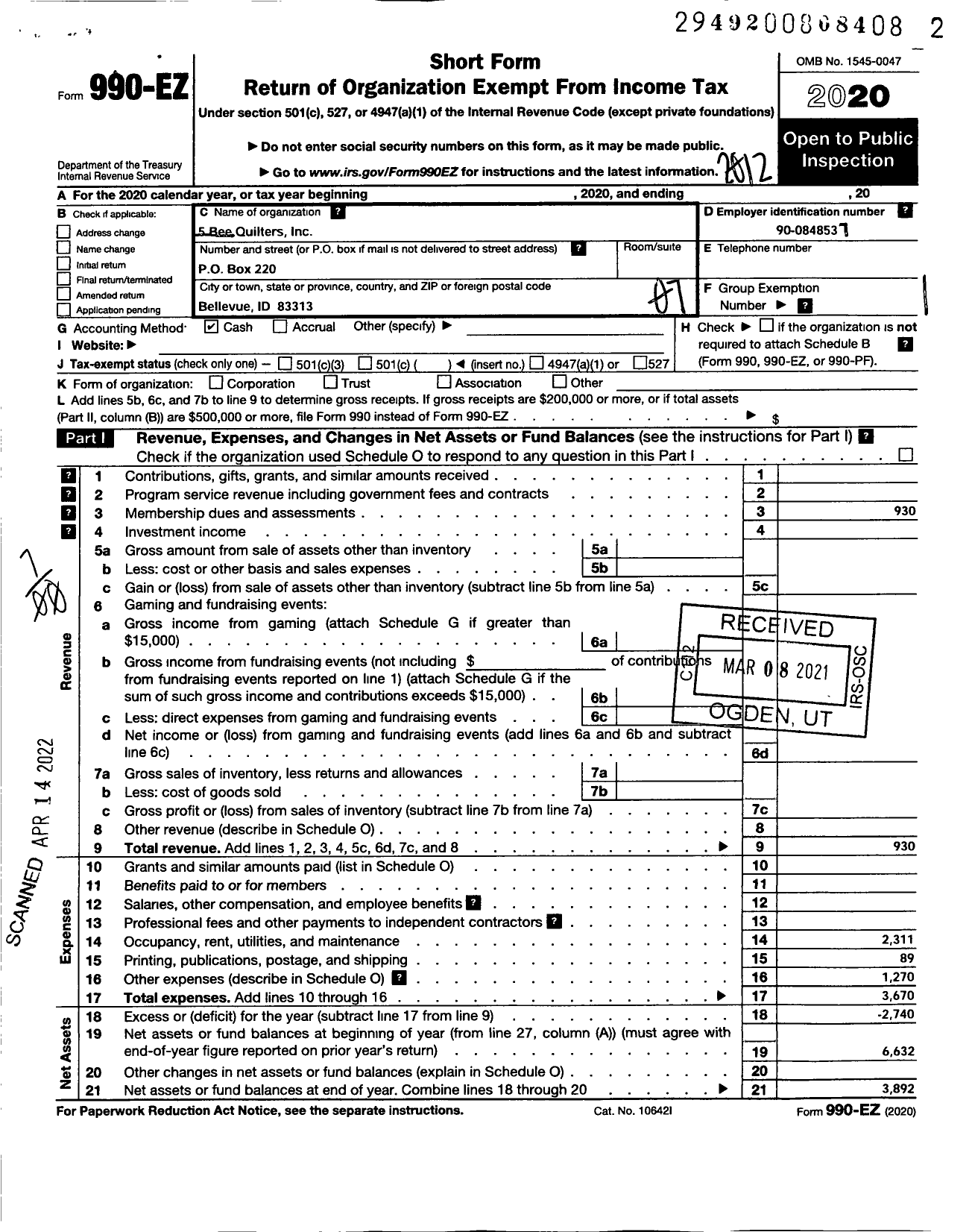 Image of first page of 2020 Form 990EO for 5 Bee Quilters