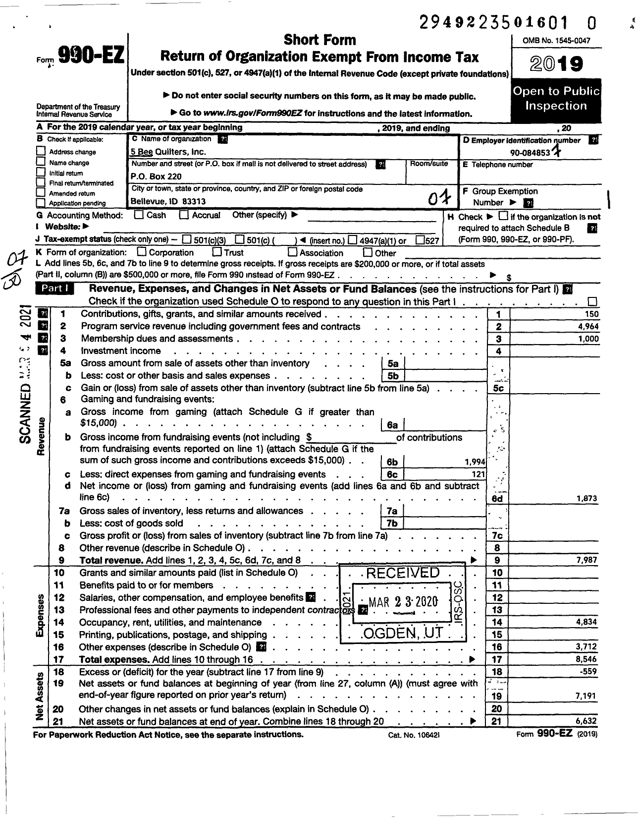 Image of first page of 2019 Form 990EO for 5 Bee Quilters