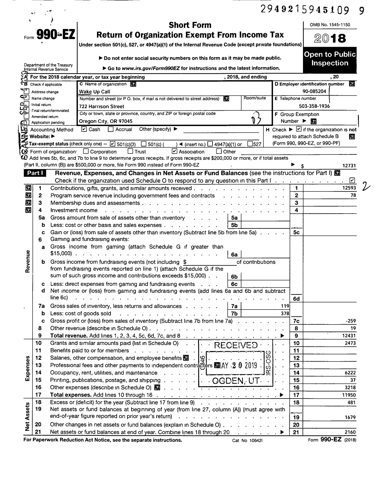 Image of first page of 2018 Form 990EZ for Wake Up Call