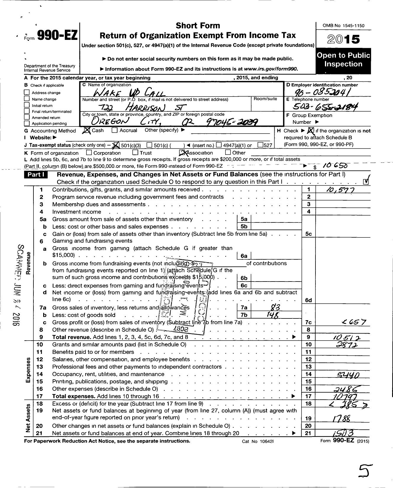 Image of first page of 2015 Form 990EZ for Wake Up Call