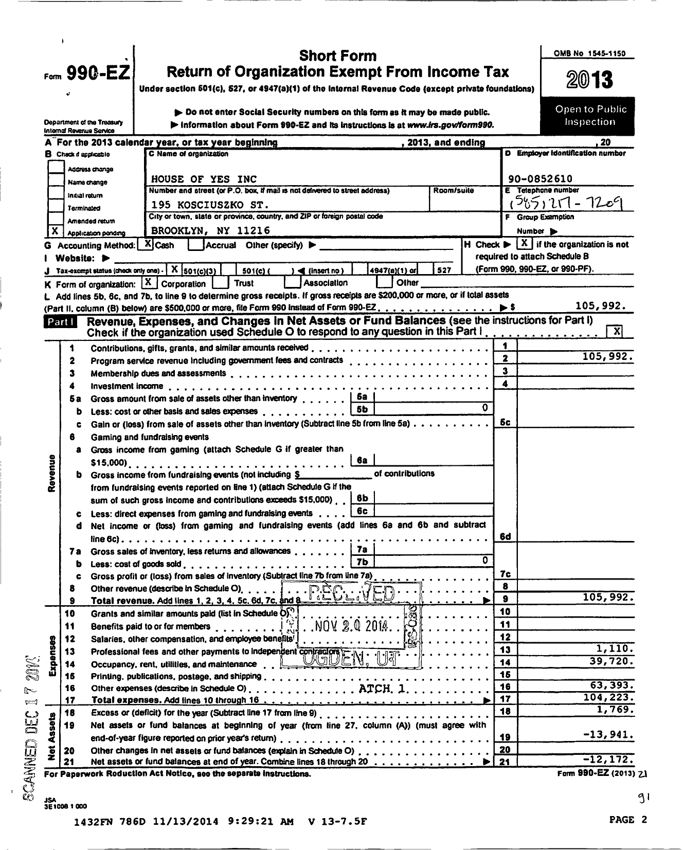 Image of first page of 2013 Form 990EZ for House of Yes