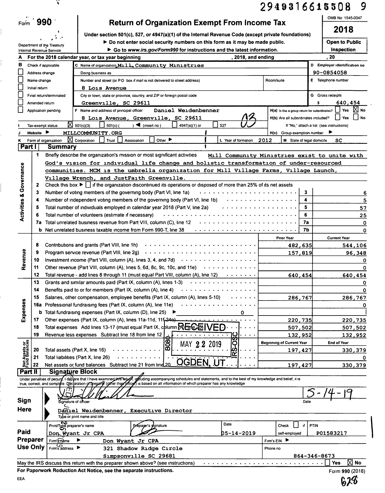 Image of first page of 2018 Form 990 for Mill Village Ministries