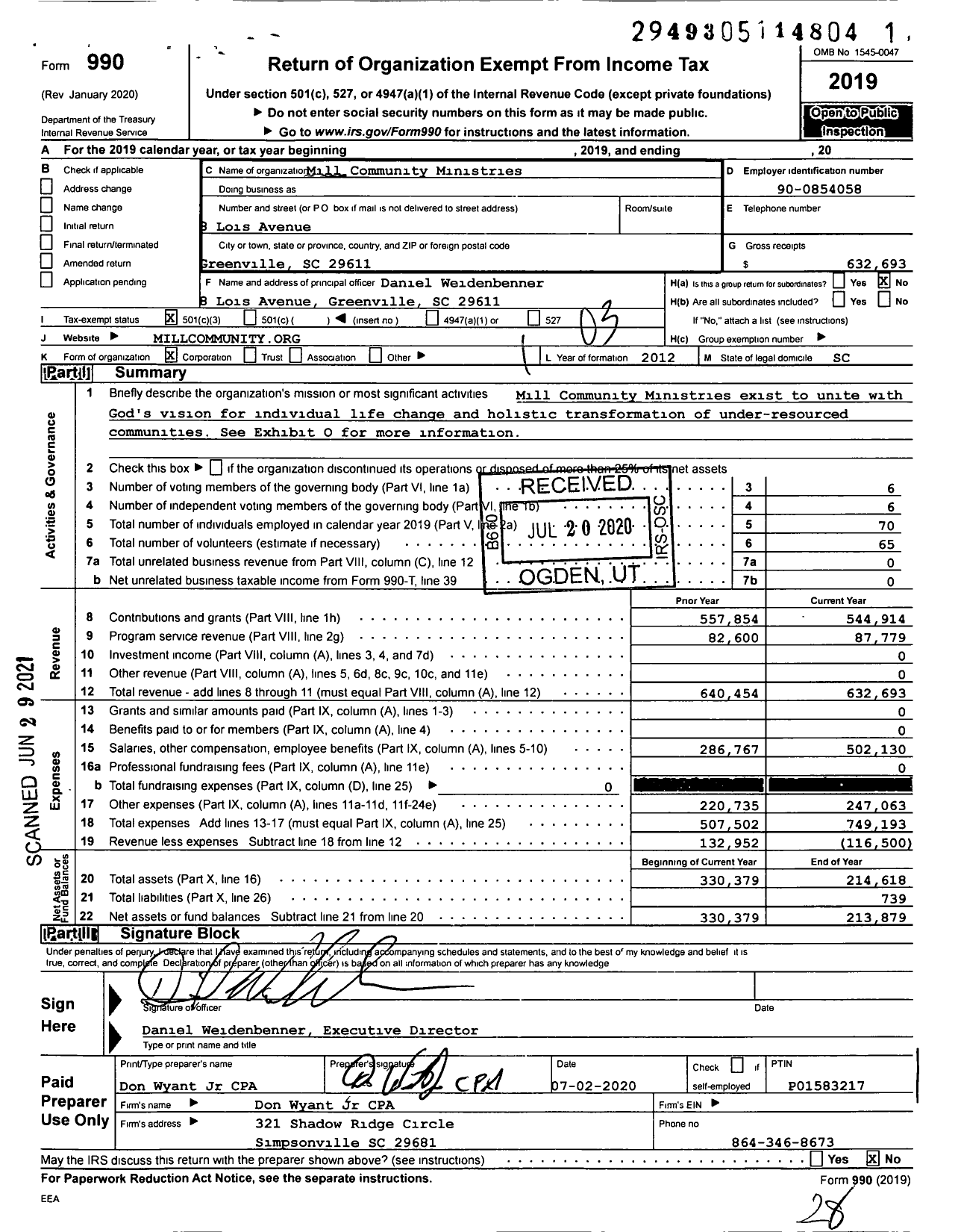 Image of first page of 2019 Form 990 for Mill Village Ministries