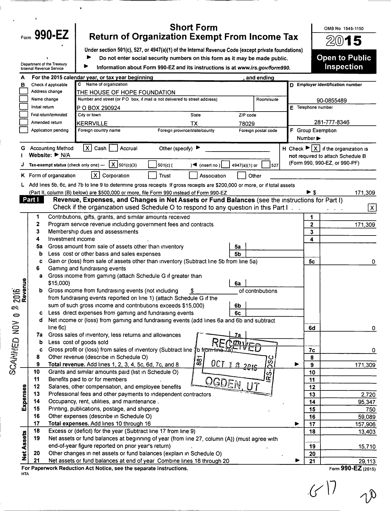 Image of first page of 2015 Form 990EZ for The House of Hope Foundation