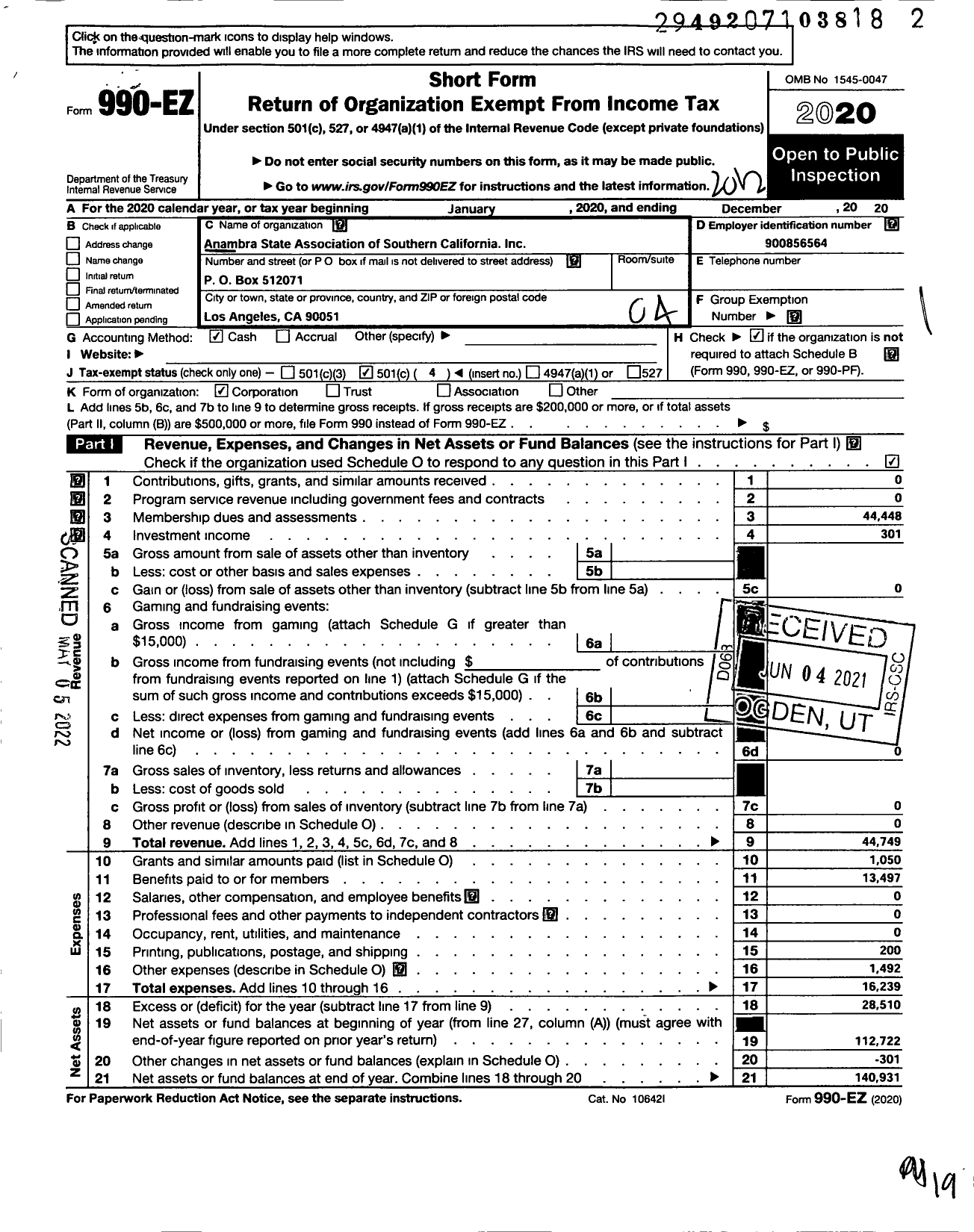 Image of first page of 2020 Form 990EO for Anambra State Association of Southern California (ASA-SC)