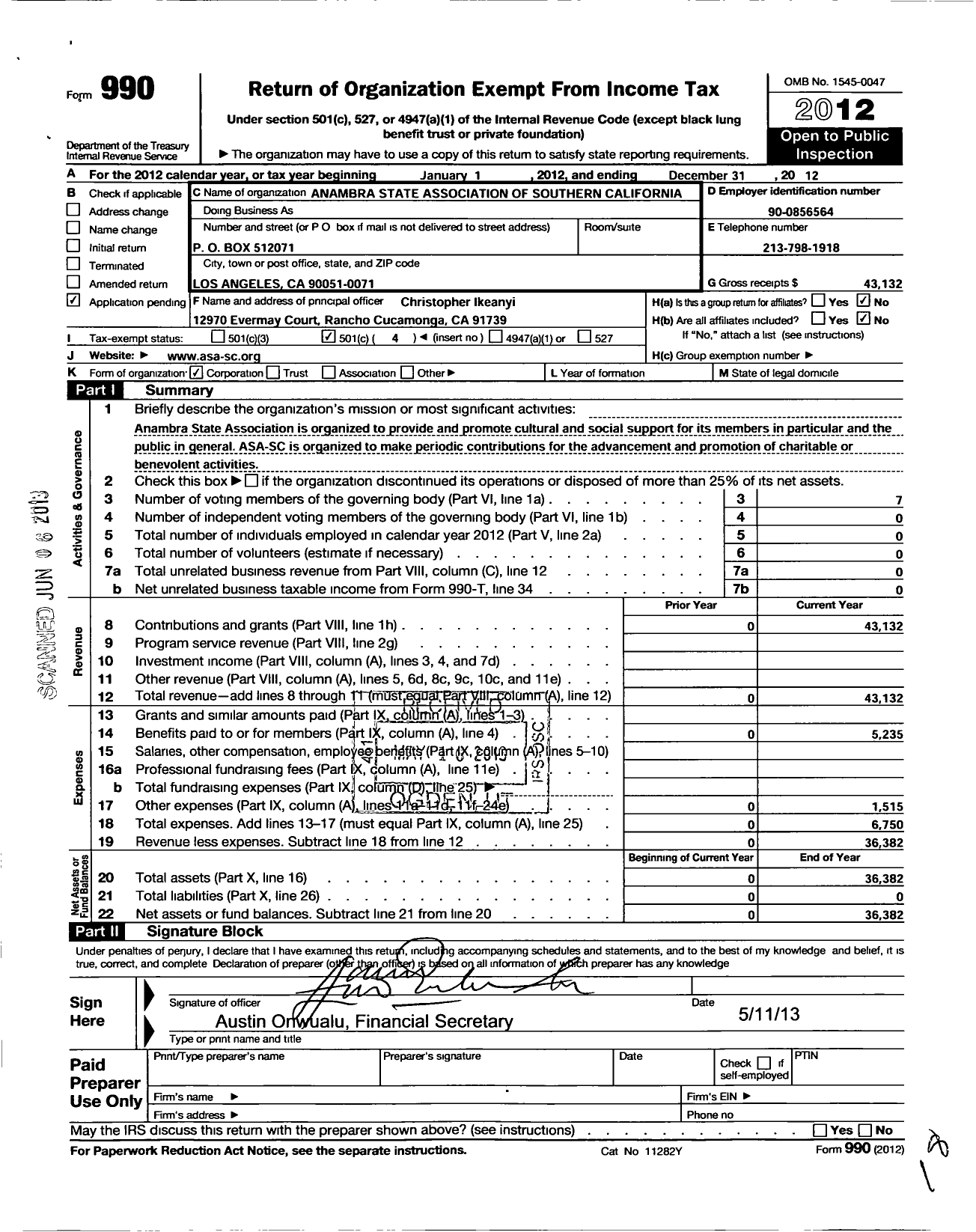 Image of first page of 2012 Form 990O for Anambra State Association of Southern California (ASA-SC)