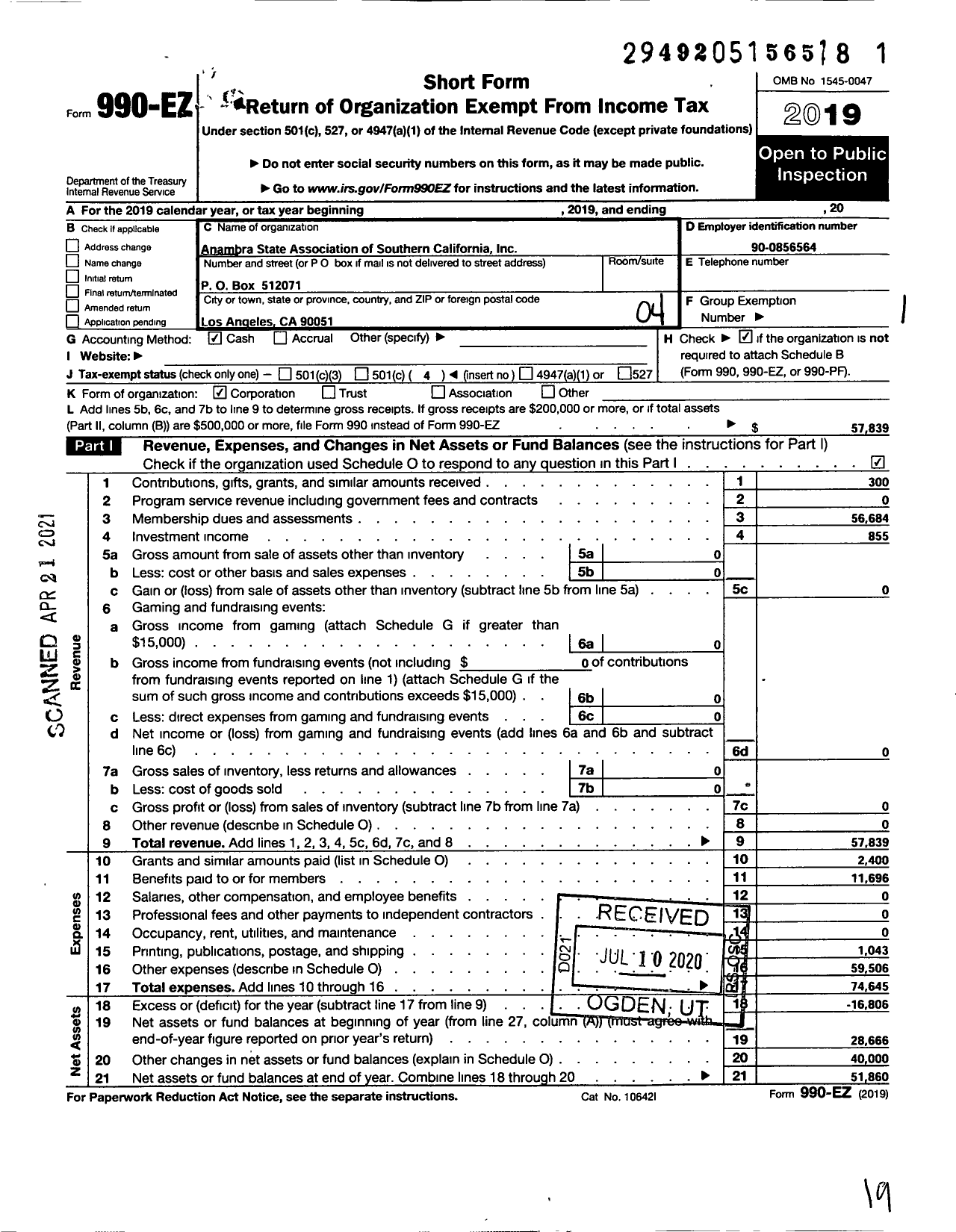 Image of first page of 2019 Form 990EO for Anambra State Association of Southern California (ASA-SC)