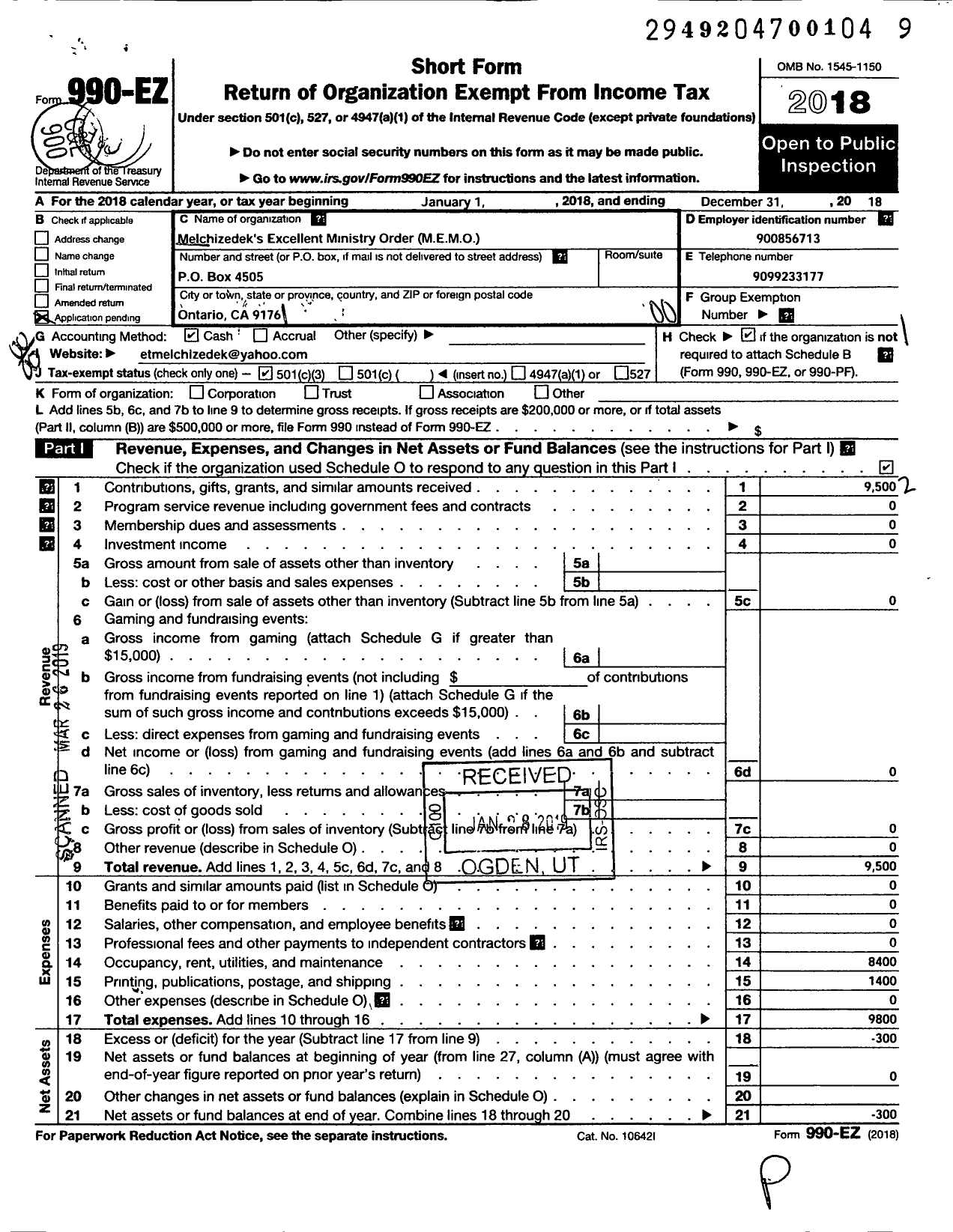 Image of first page of 2018 Form 990EO for Melchizedeks Excellent Ministry Order