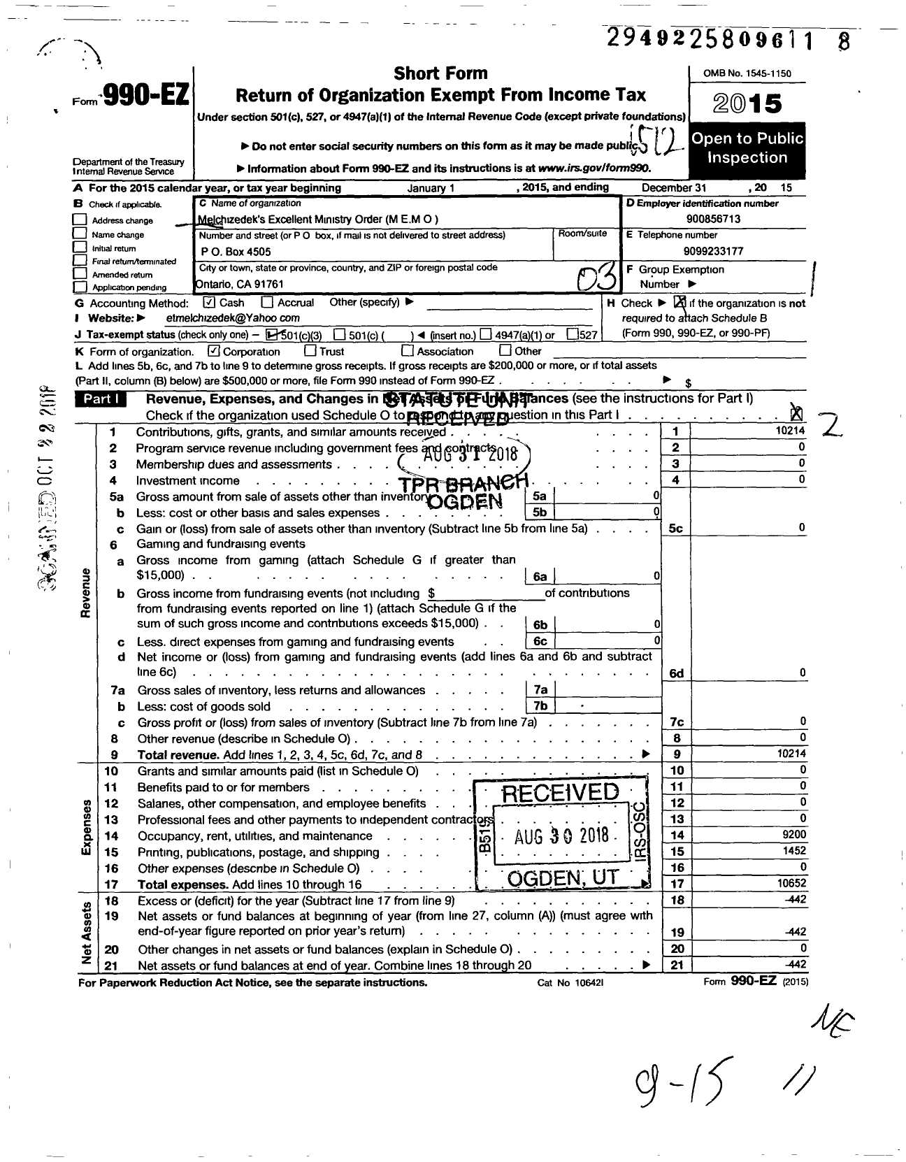 Image of first page of 2015 Form 990EZ for Melchizedeks Excellent Ministry Order