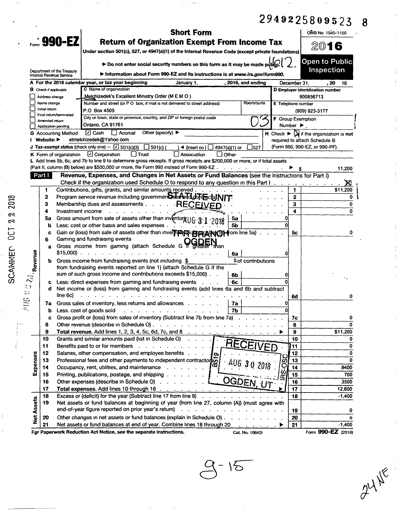 Image of first page of 2016 Form 990EZ for Melchizedeks Excellent Ministry Order