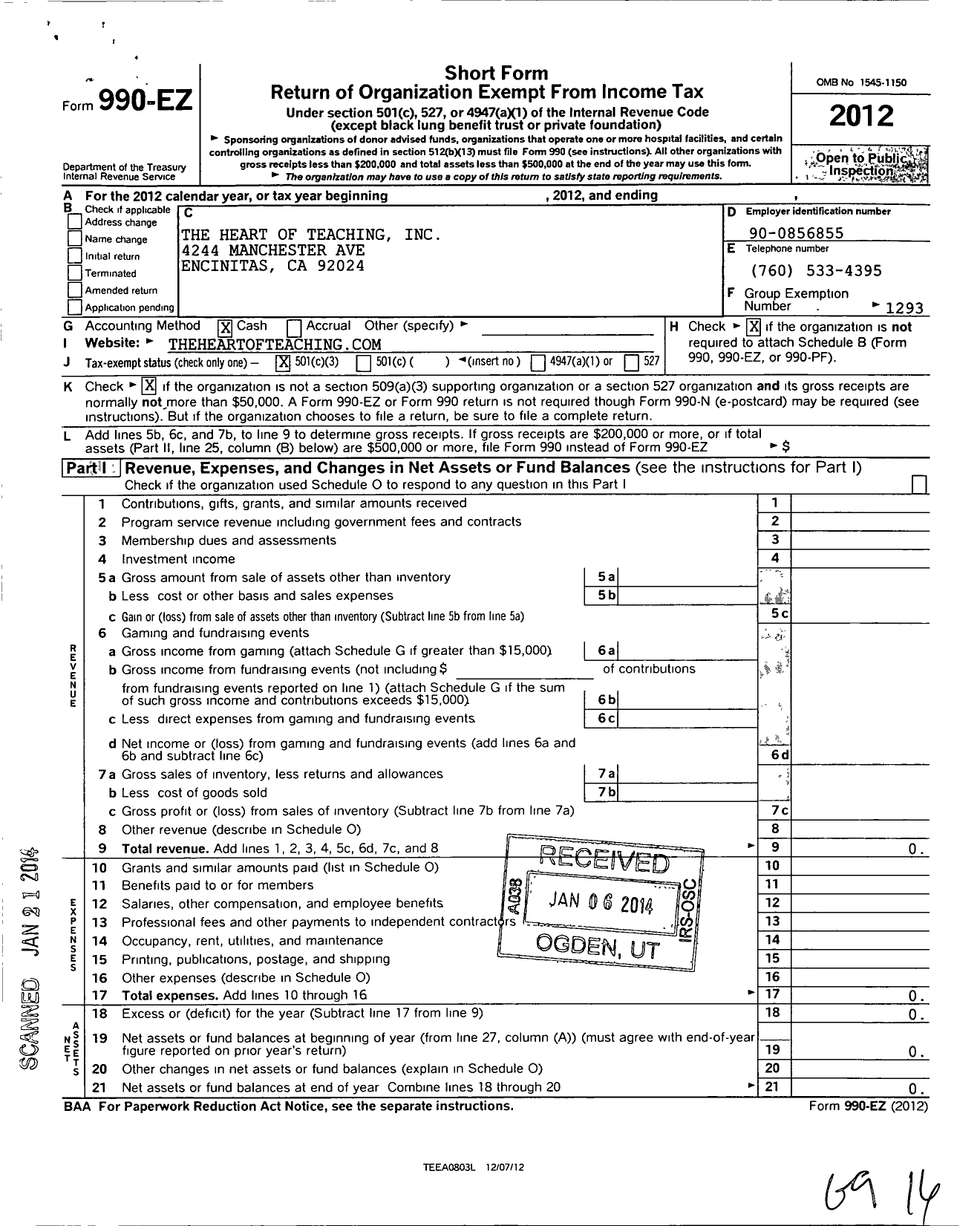 Image of first page of 2012 Form 990EZ for Center for Spiritual Living / The Heart of Teaching