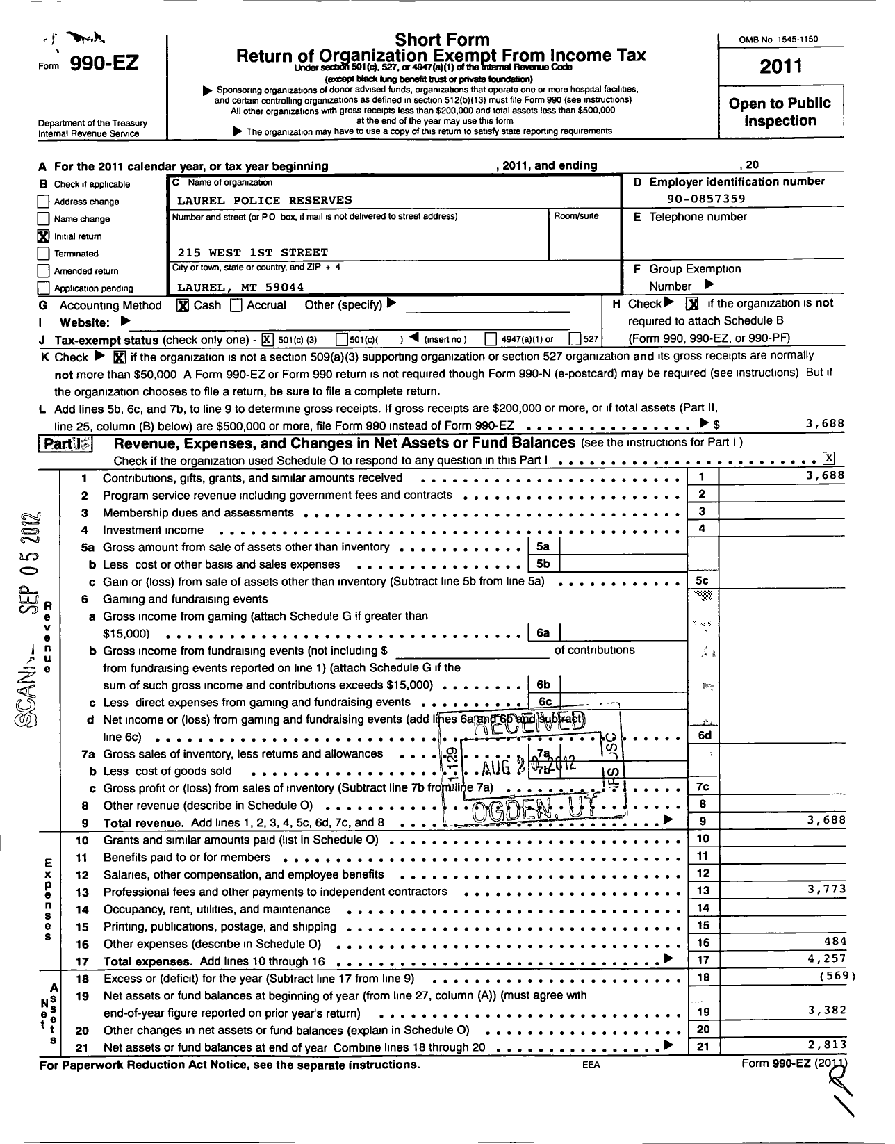 Image of first page of 2011 Form 990EZ for Laurel Police Reserves