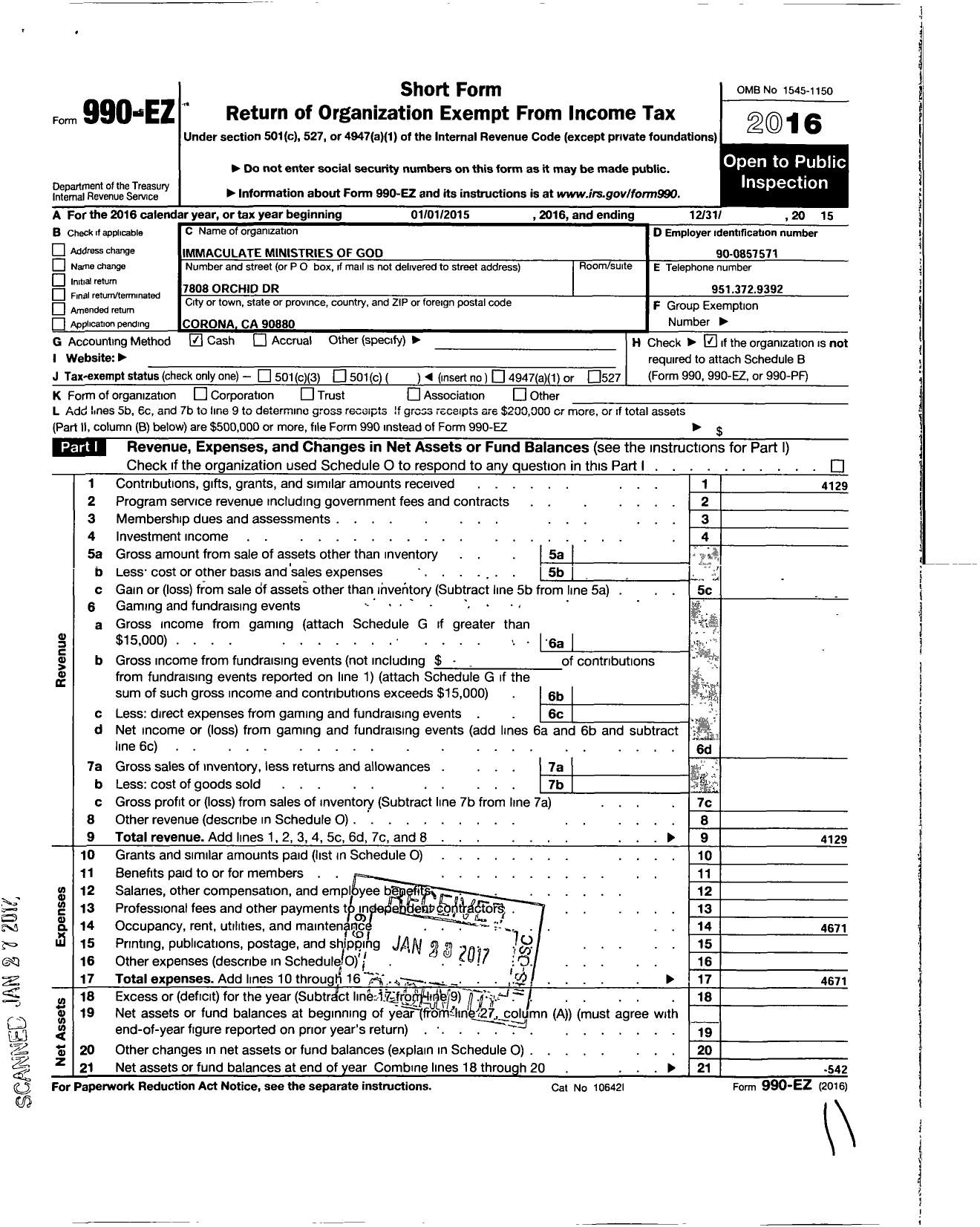 Image of first page of 2015 Form 990EO for Immaculate Ministries of God