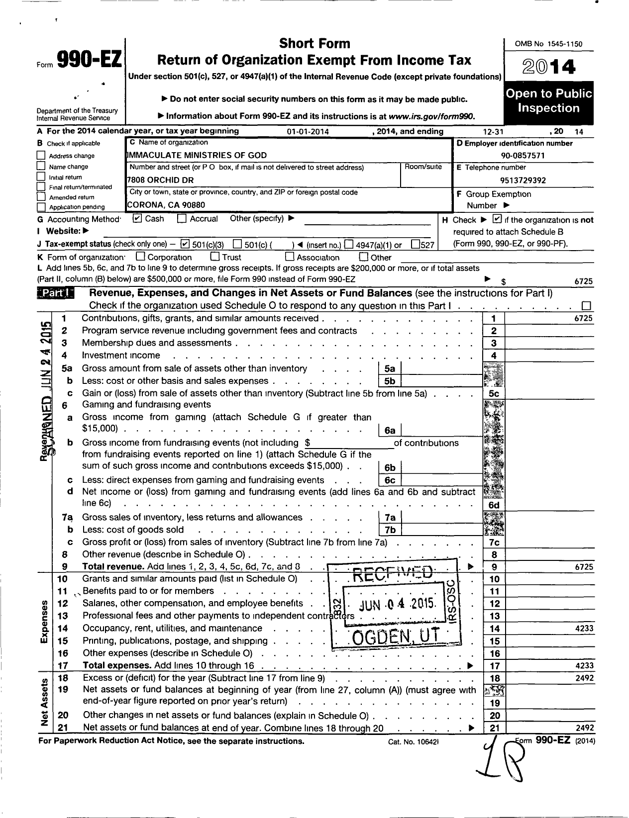 Image of first page of 2014 Form 990EZ for Immaculate Ministries of God