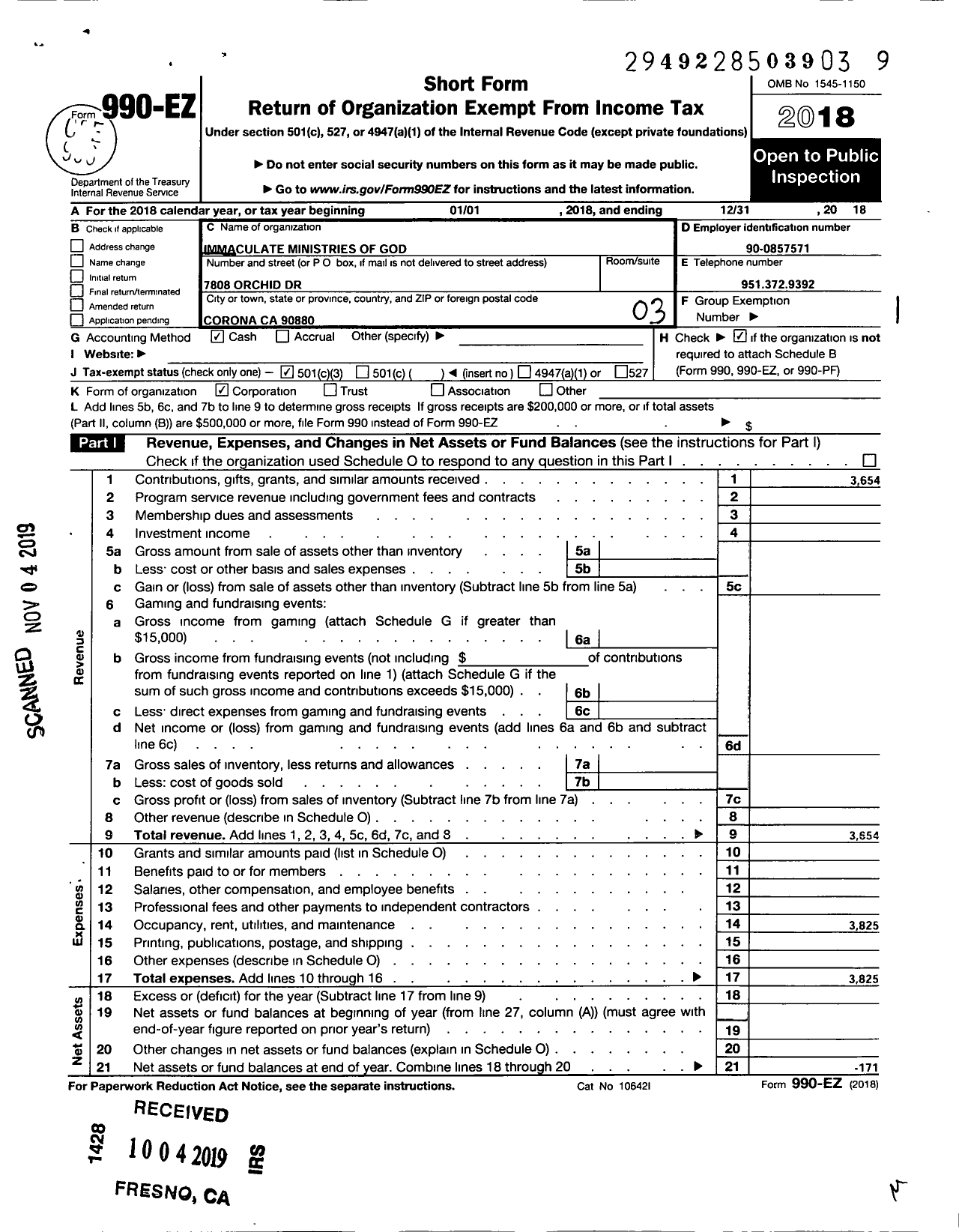 Image of first page of 2018 Form 990EZ for Immaculate Ministries of God