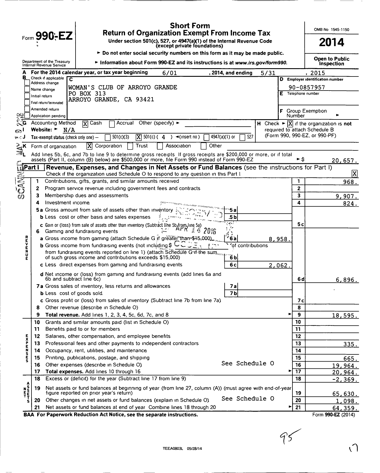 Image of first page of 2014 Form 990EO for Womens Club of Arroyo Grande