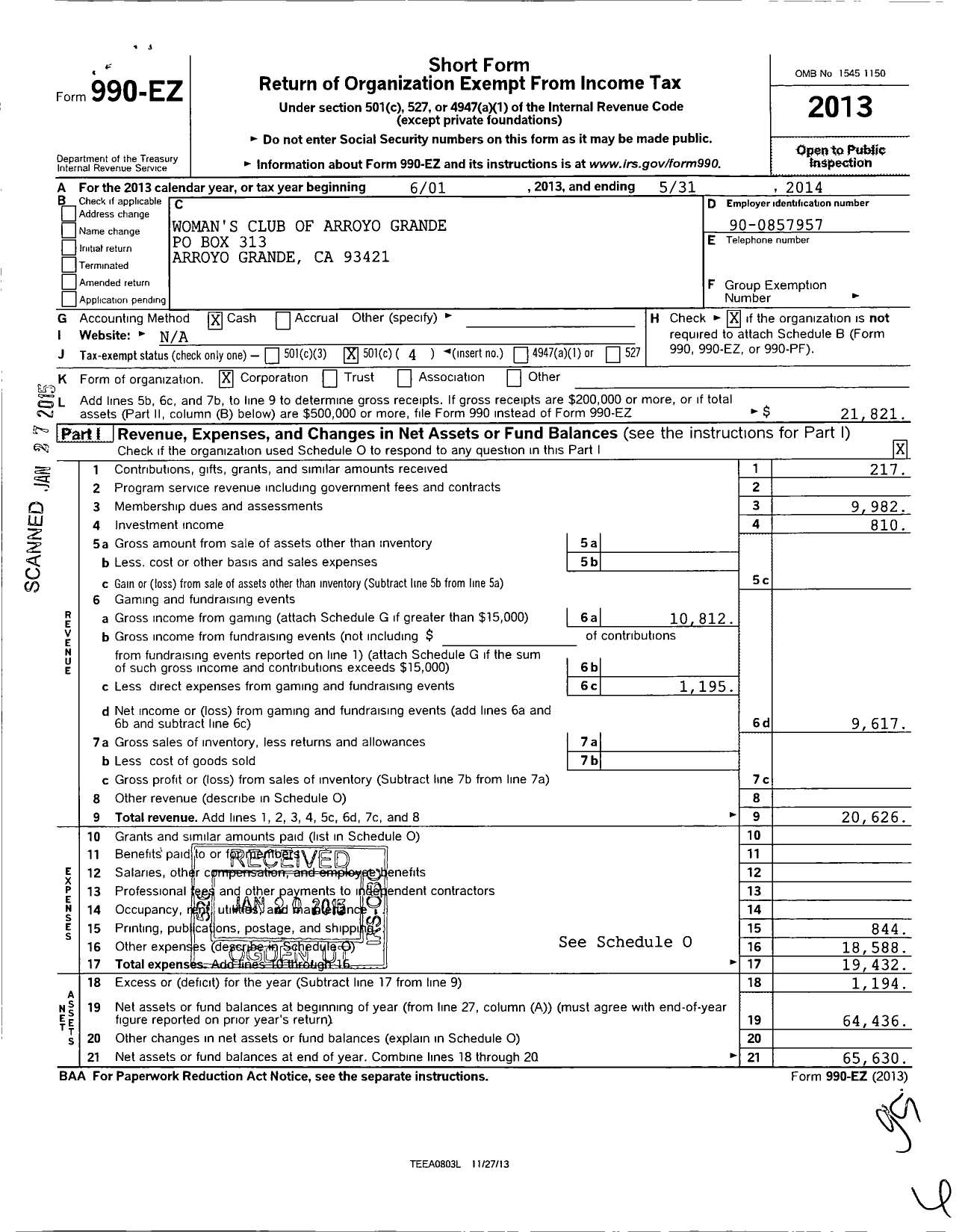 Image of first page of 2013 Form 990EO for Womens Club of Arroyo Grande