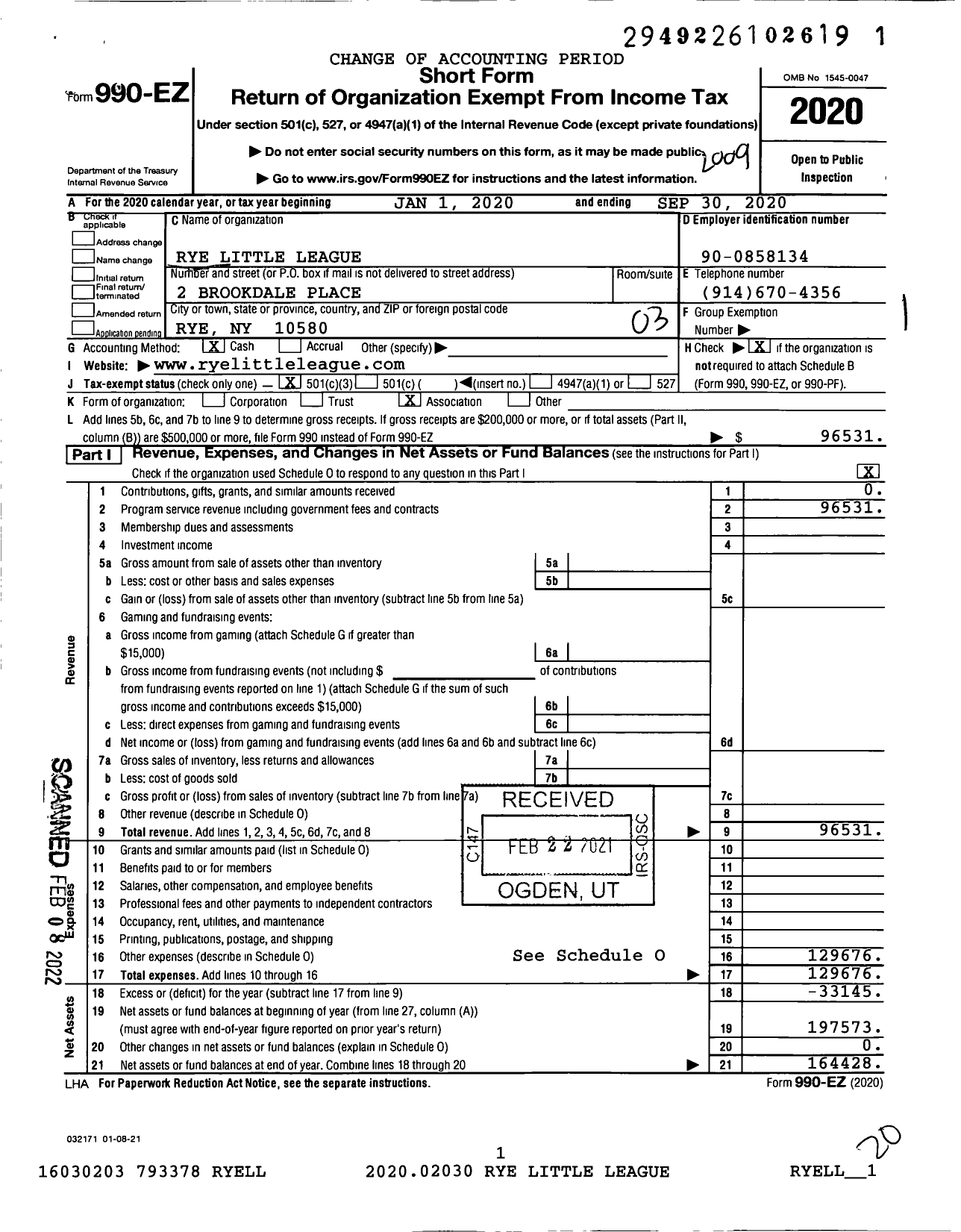 Image of first page of 2019 Form 990EZ for Little League Baseball - 2322019 Rye LL