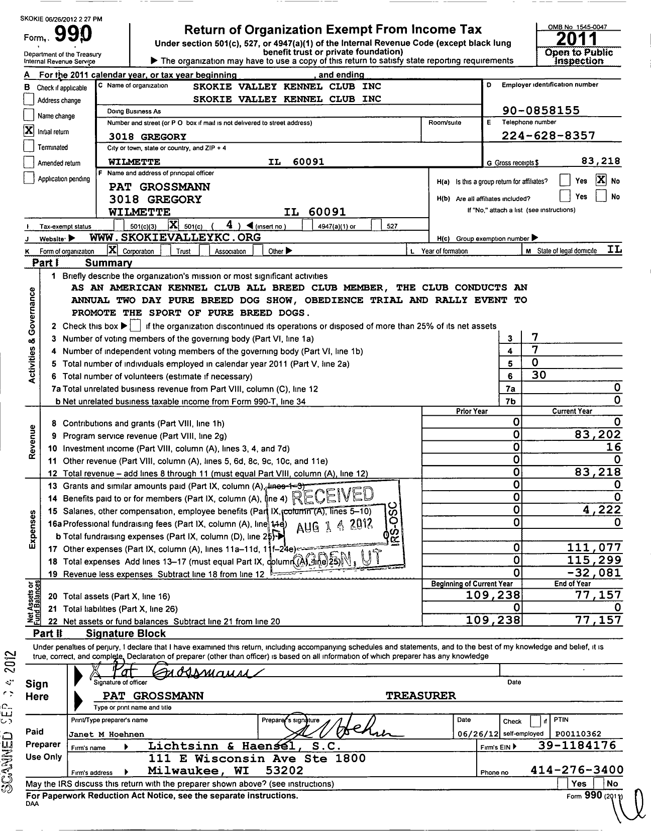 Image of first page of 2011 Form 990O for The Skokie Valley Kennel Club