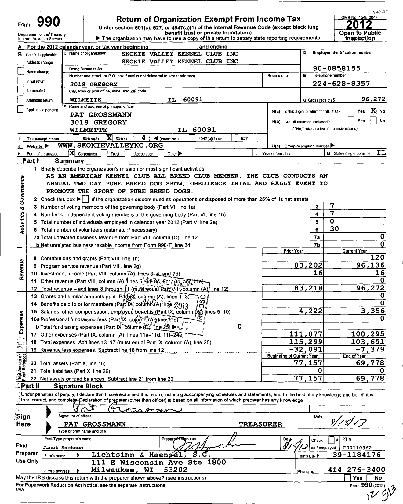 Image of first page of 2012 Form 990O for The Skokie Valley Kennel Club