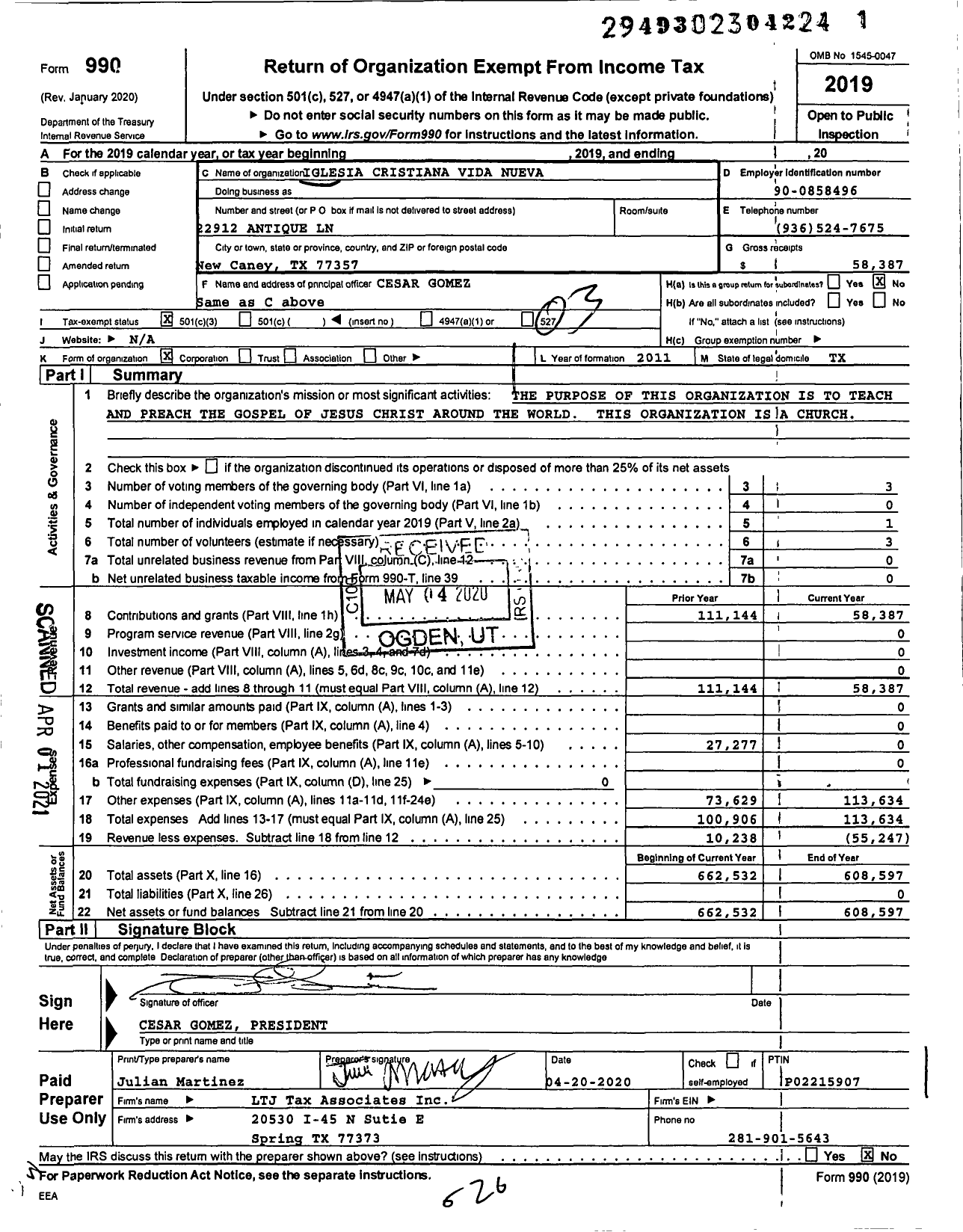 Image of first page of 2019 Form 990 for Iglesia Cristiana Vida Nueva