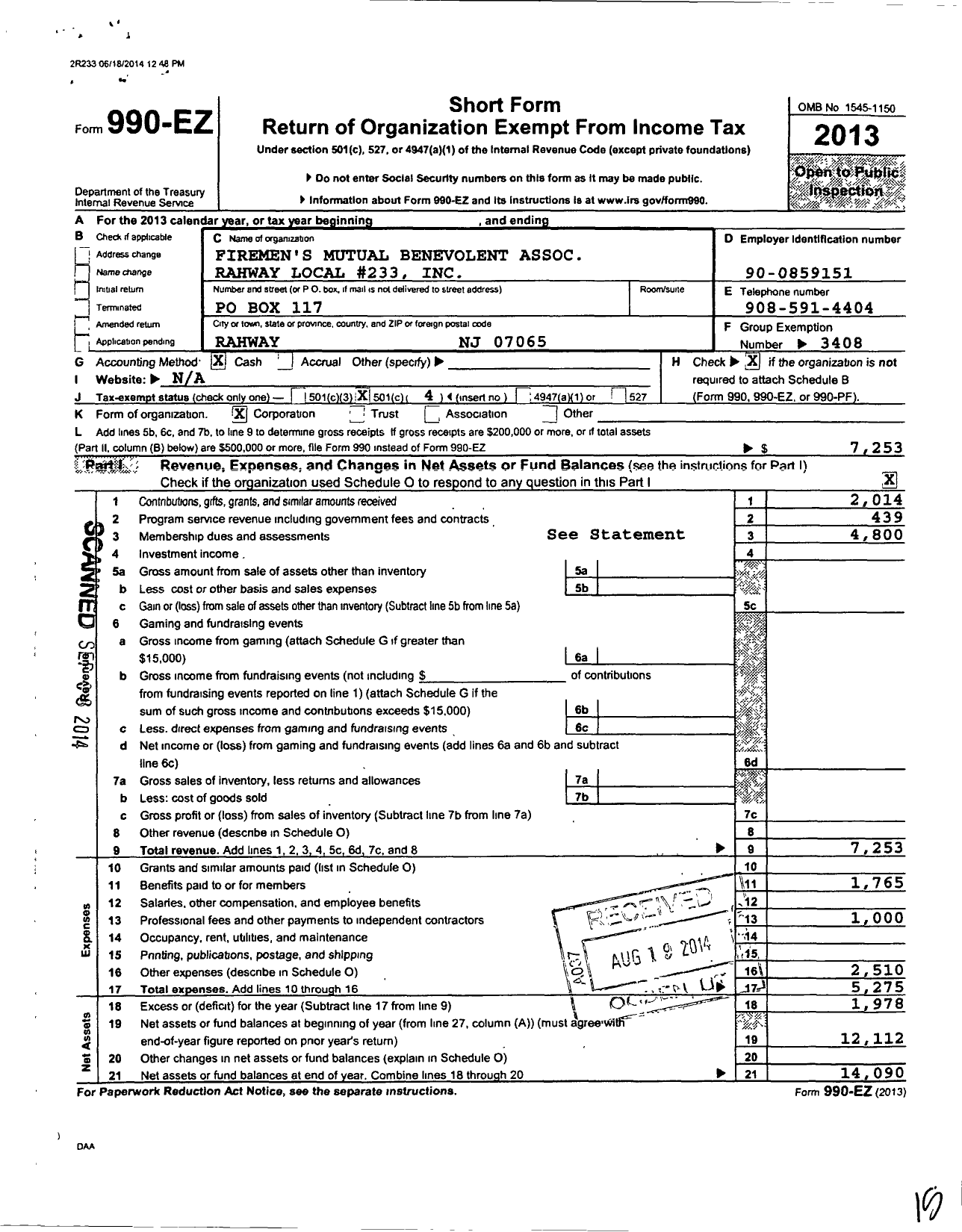 Image of first page of 2013 Form 990EO for New Jersey State Firemens Mutual Benevolent Association - 233 Local Rahway Fo