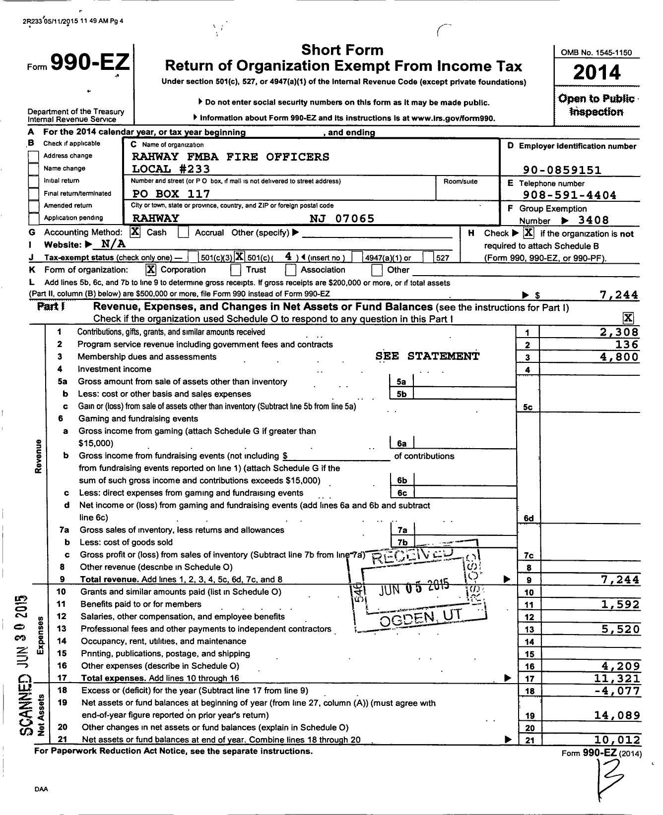 Image of first page of 2014 Form 990EO for New Jersey State Firemens Mutual Benevolent Association - 233 Local Rahway Fo