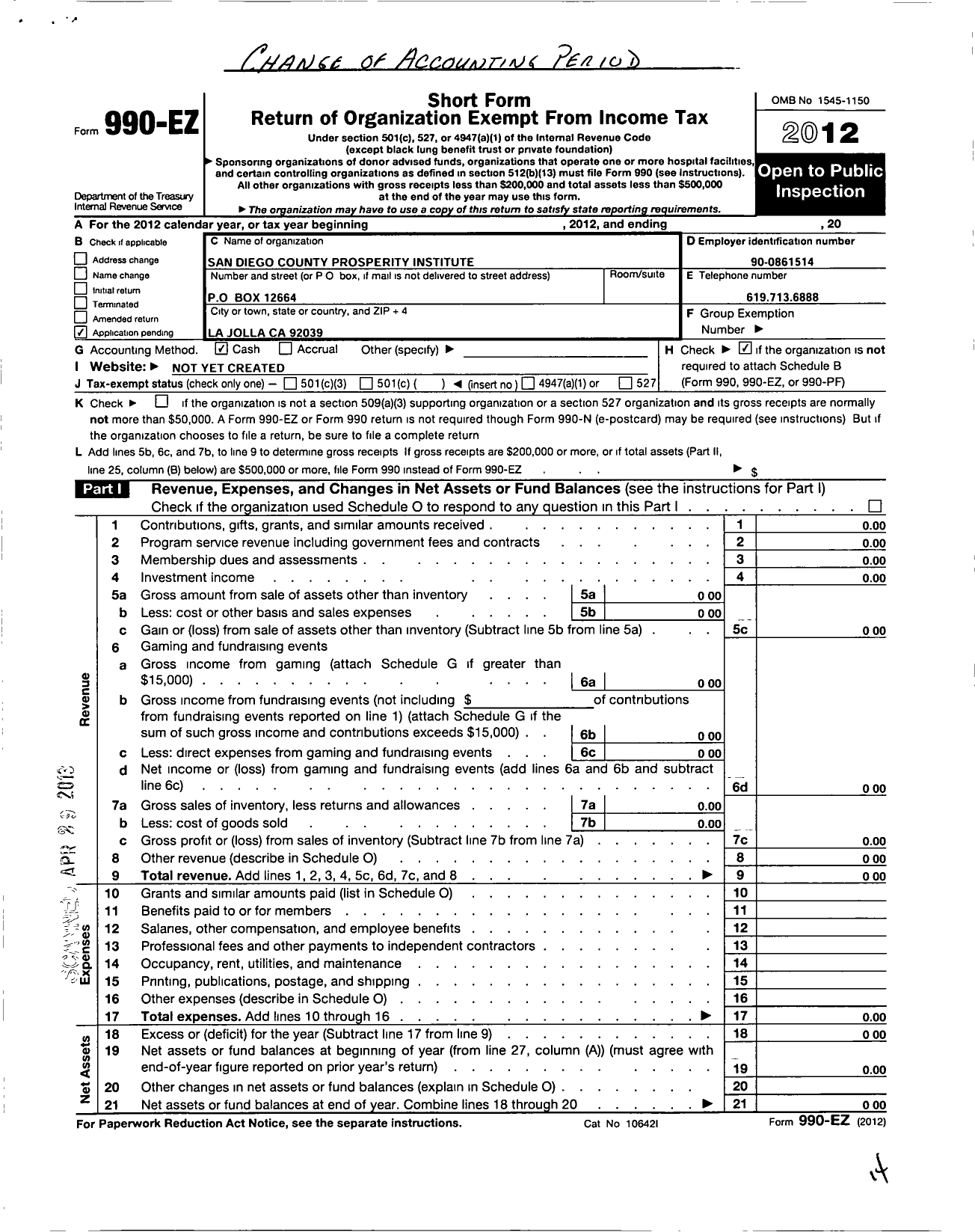 Image of first page of 2012 Form 990EO for San Diego County Prosperity Institute