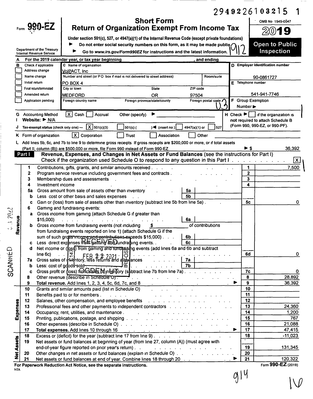 Image of first page of 2019 Form 990EZ for VolPACT