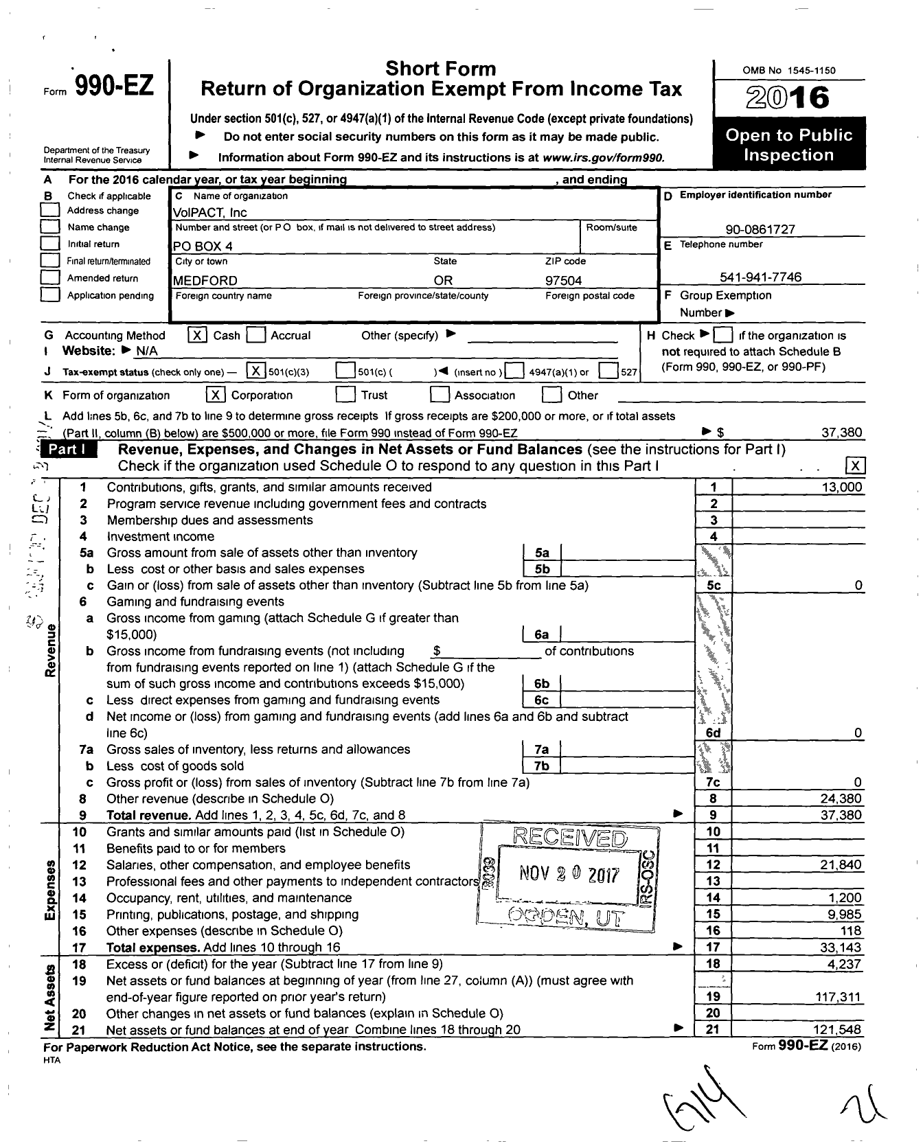 Image of first page of 2016 Form 990EZ for VolPACT