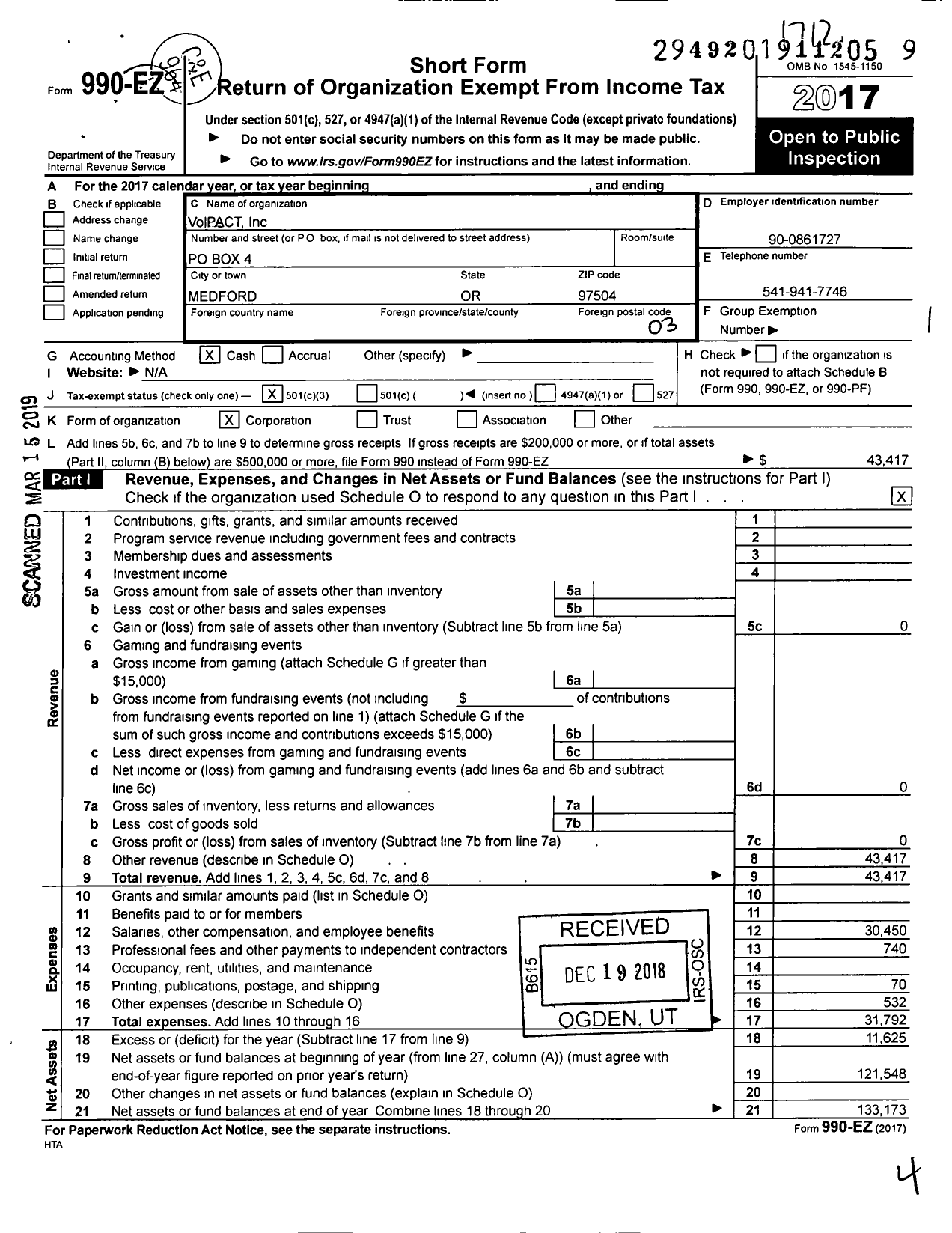 Image of first page of 2017 Form 990EZ for VolPACT