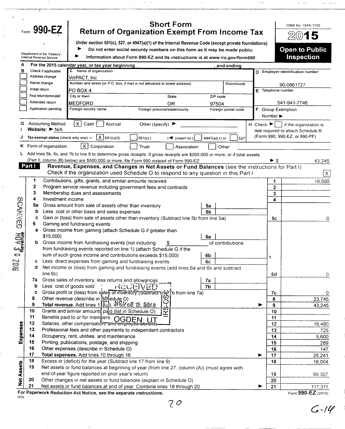 Image of first page of 2015 Form 990EZ for VolPACT