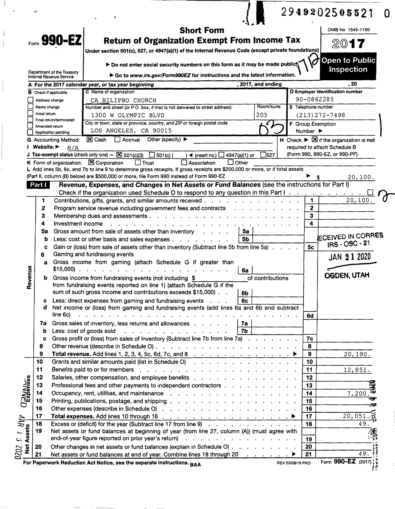 Image of first page of 2017 Form 990EZ for Ca Bilipbo Church