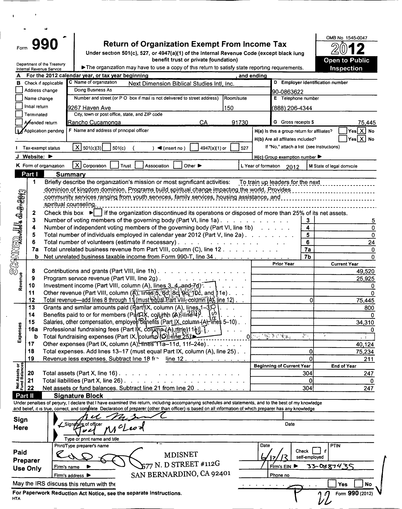 Image of first page of 2012 Form 990 for Next Dimension Biblical Studies International