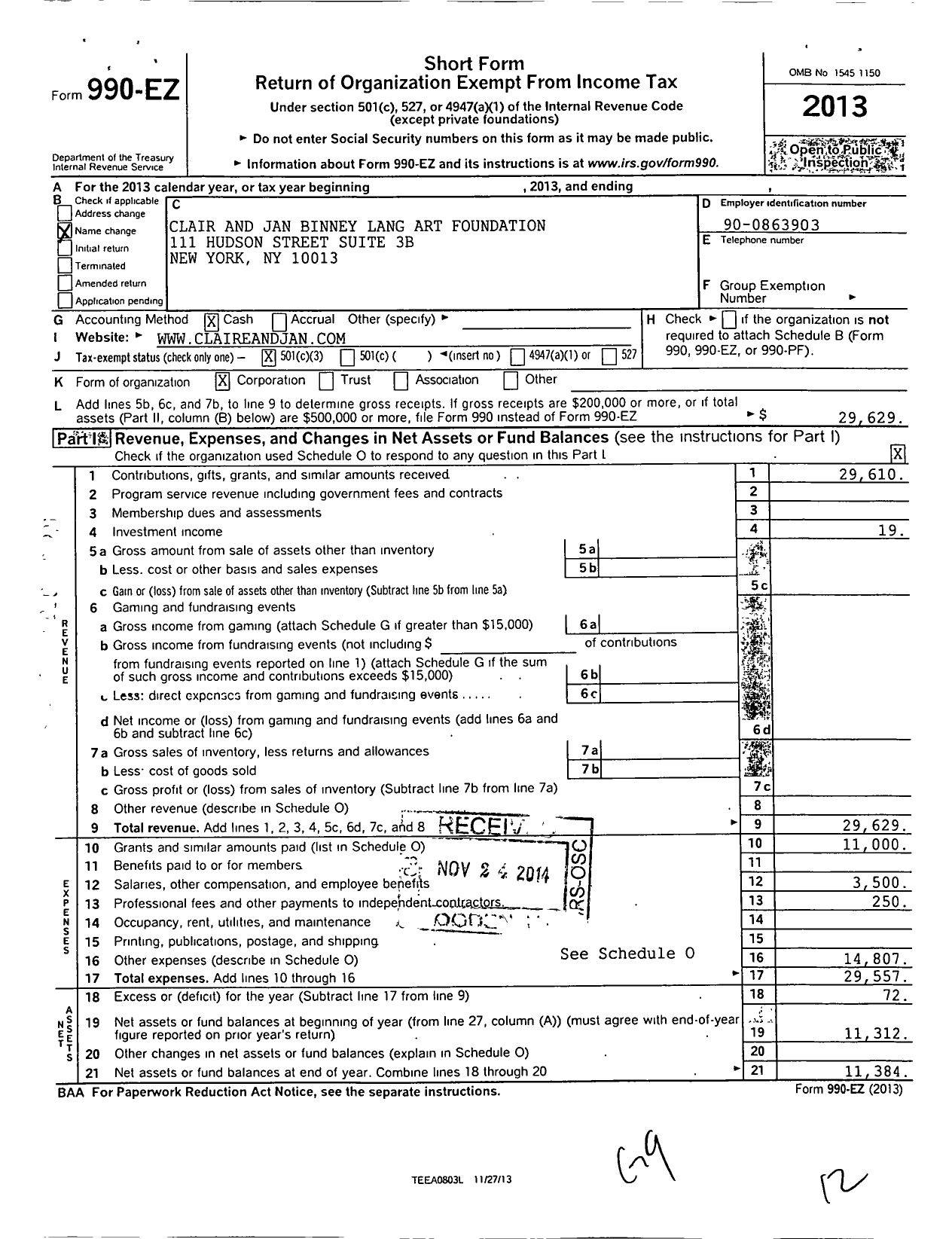 Image of first page of 2013 Form 990EZ for Clair and Jan Art Foundation