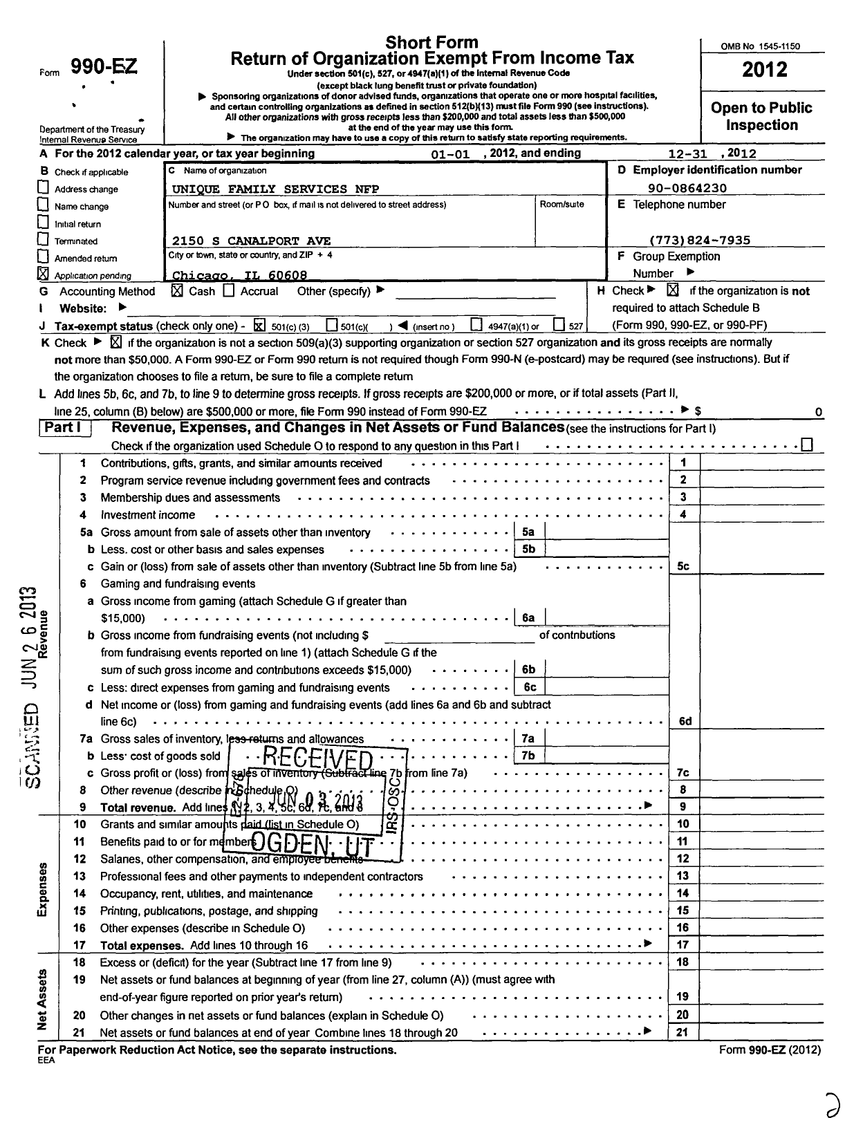 Image of first page of 2012 Form 990EZ for Unique Family Services