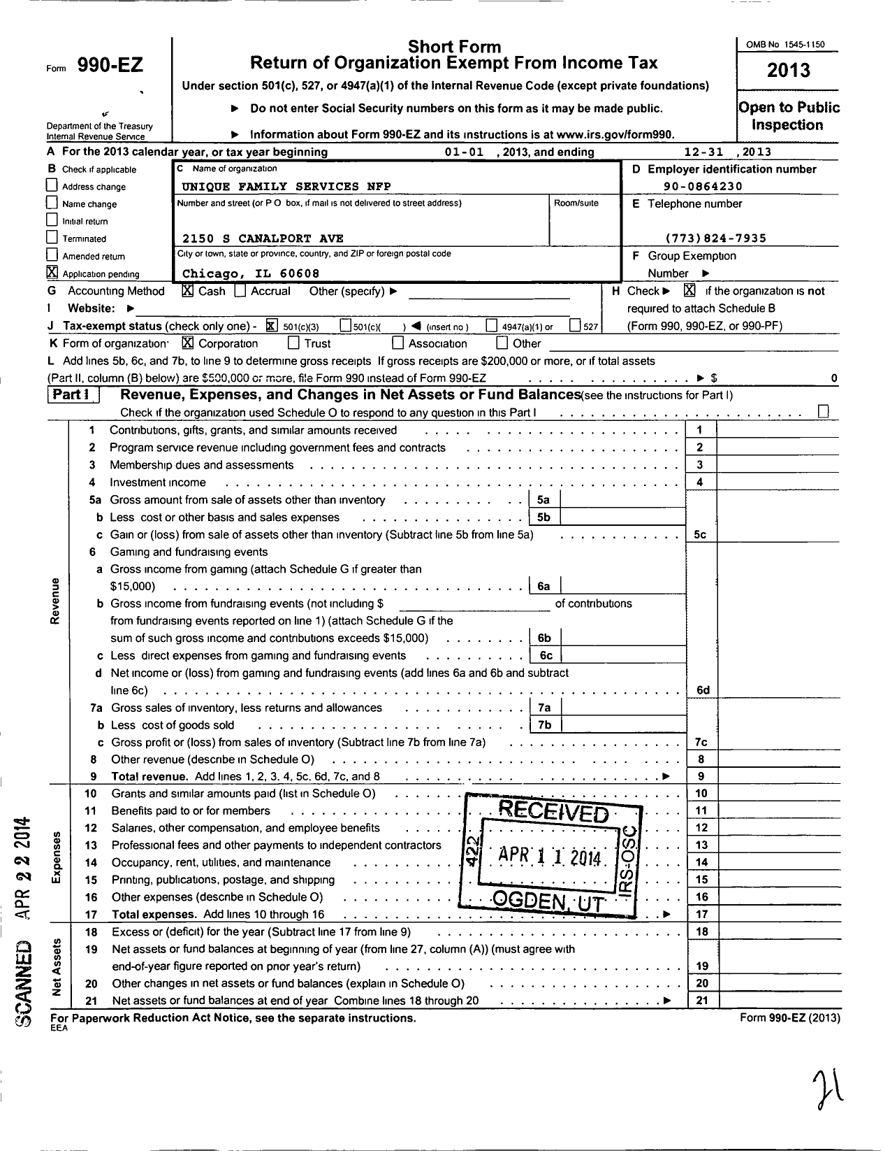 Image of first page of 2013 Form 990EZ for Unique Family Services