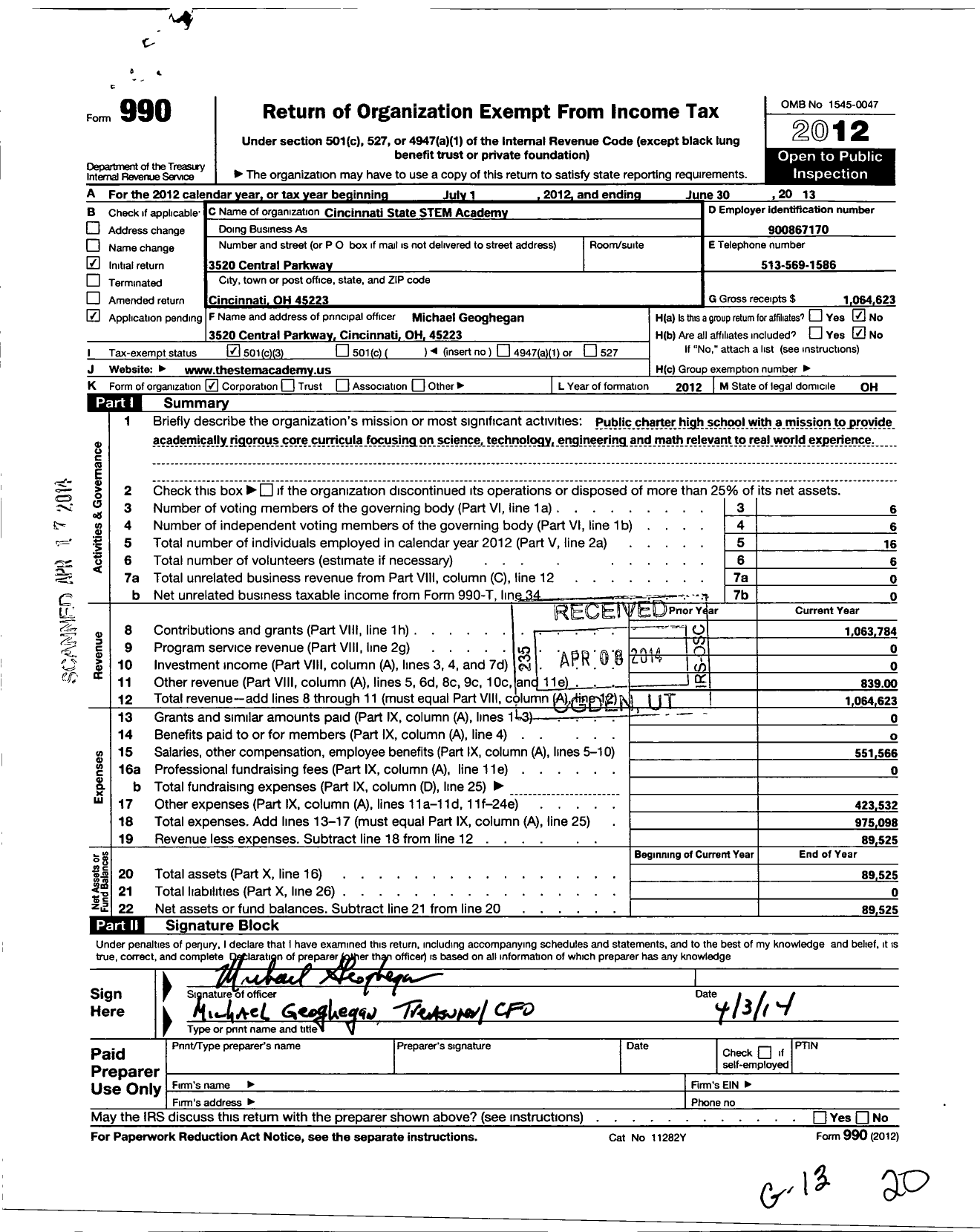 Image of first page of 2012 Form 990 for Cincinnati State Stem Academy