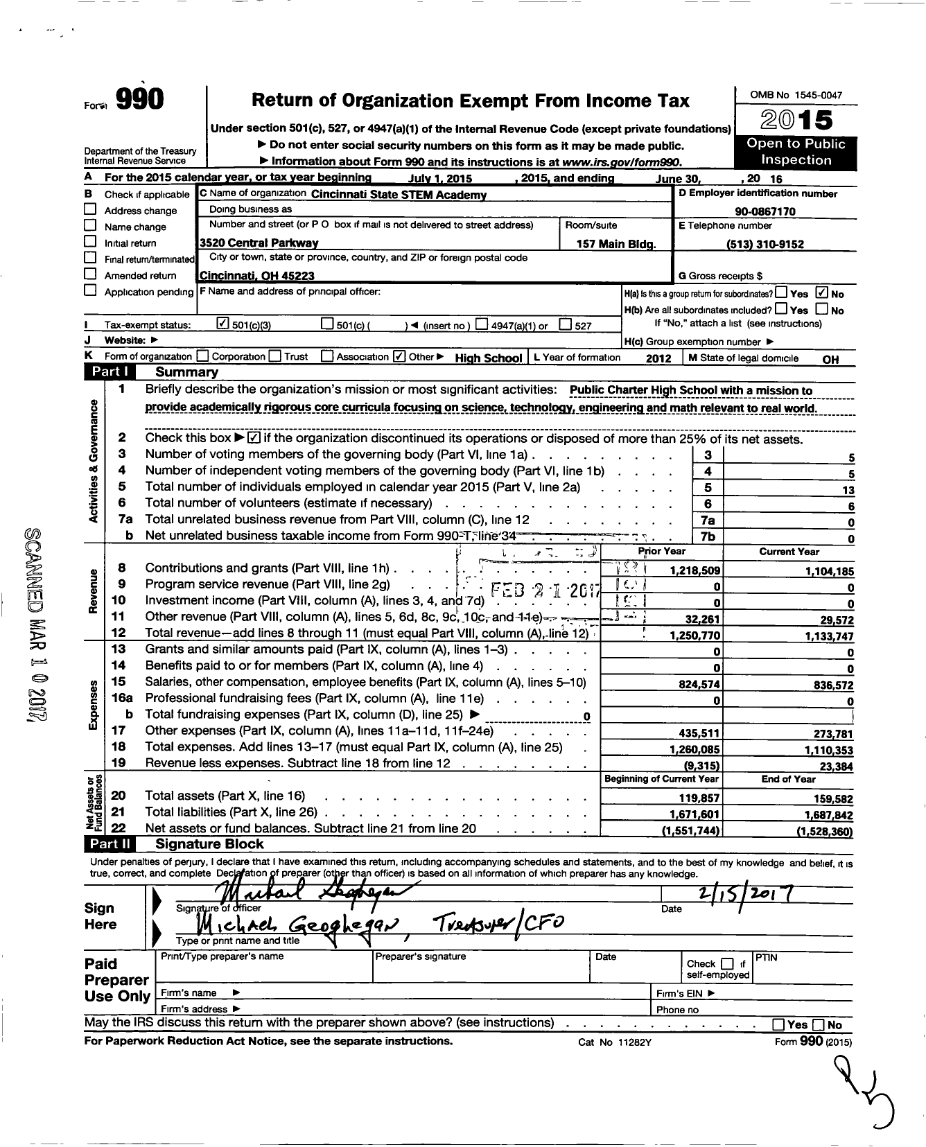 Image of first page of 2015 Form 990 for Cincinnati State Stem Academy