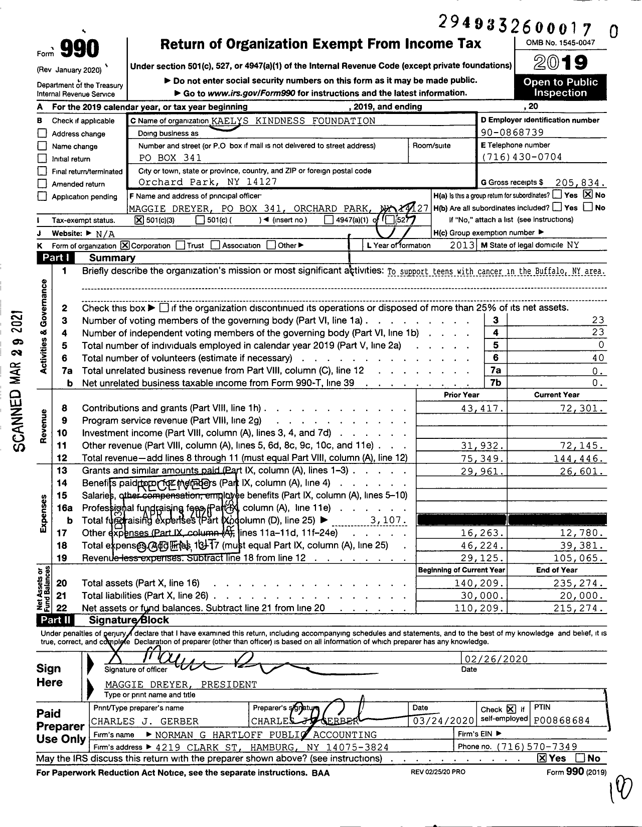 Image of first page of 2019 Form 990 for Kaely's Kindness Foundation