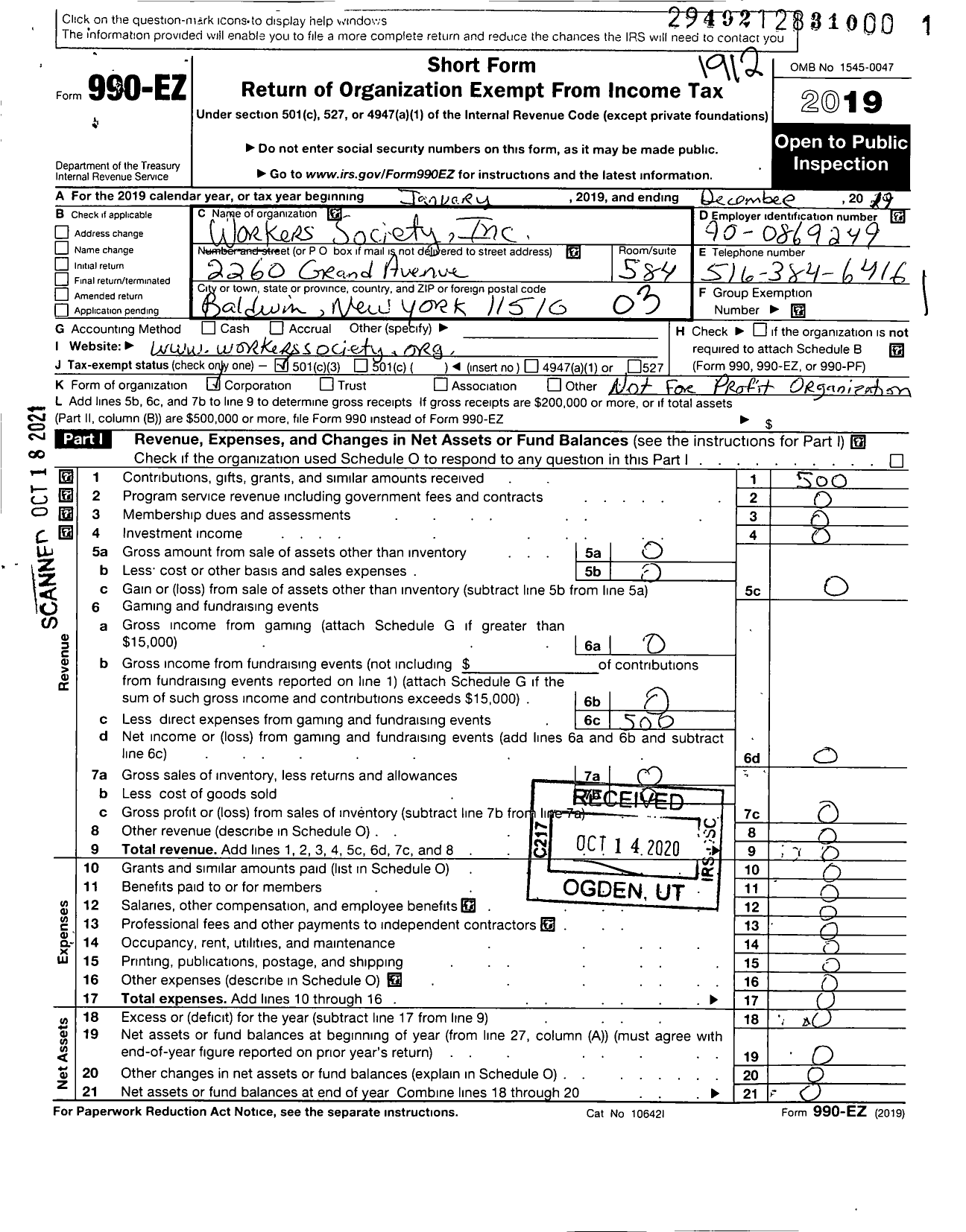 Image of first page of 2019 Form 990EZ for Workers Society