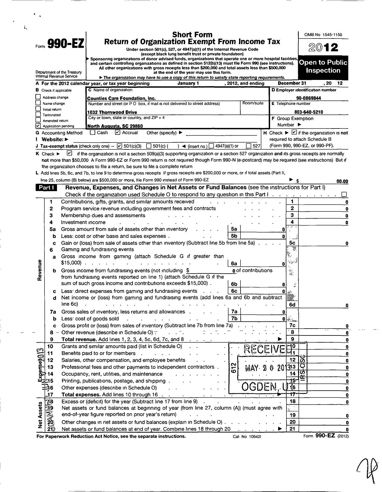 Image of first page of 2012 Form 990EZ for Counties Care Foundation