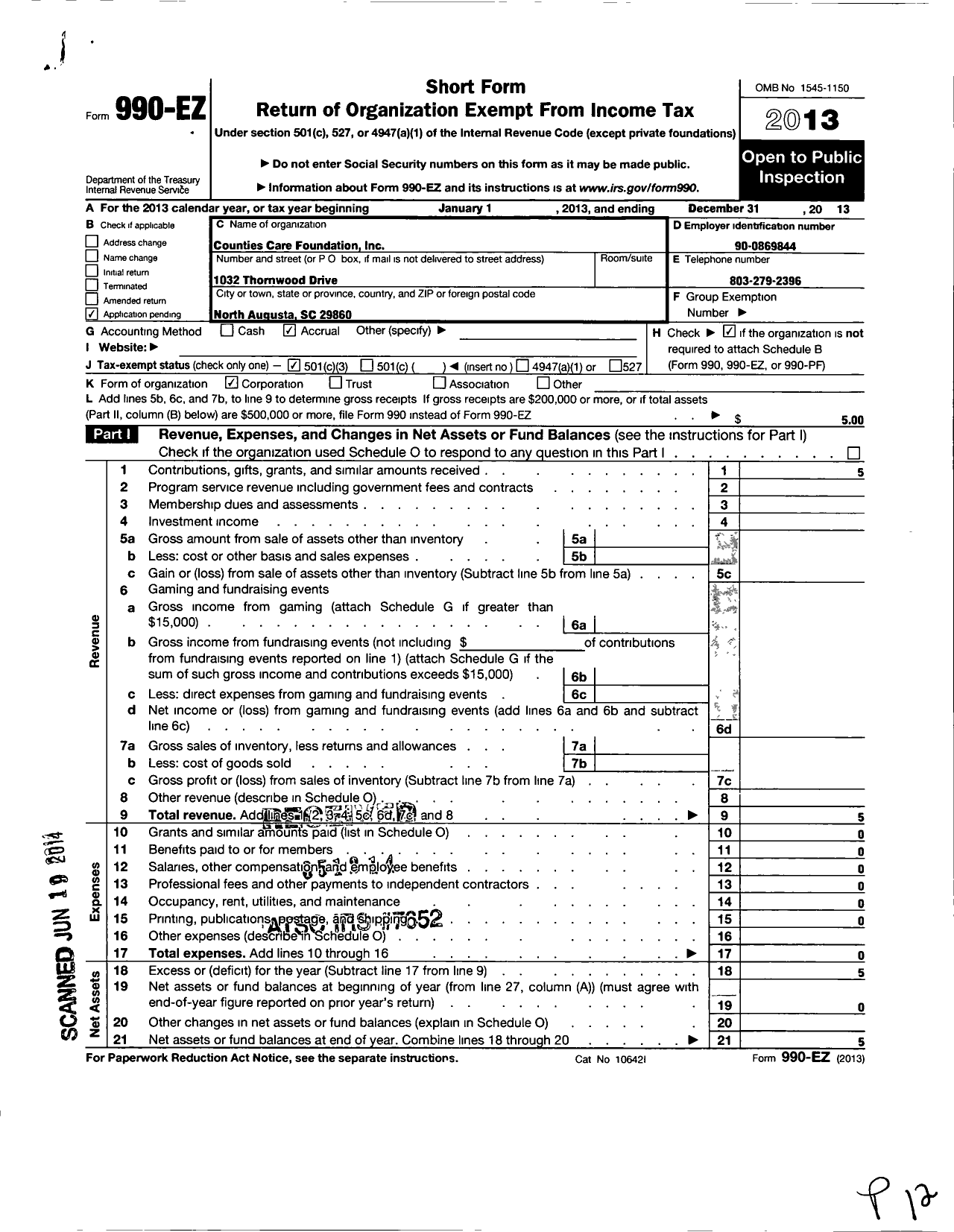 Image of first page of 2013 Form 990EZ for Counties Care Foundation