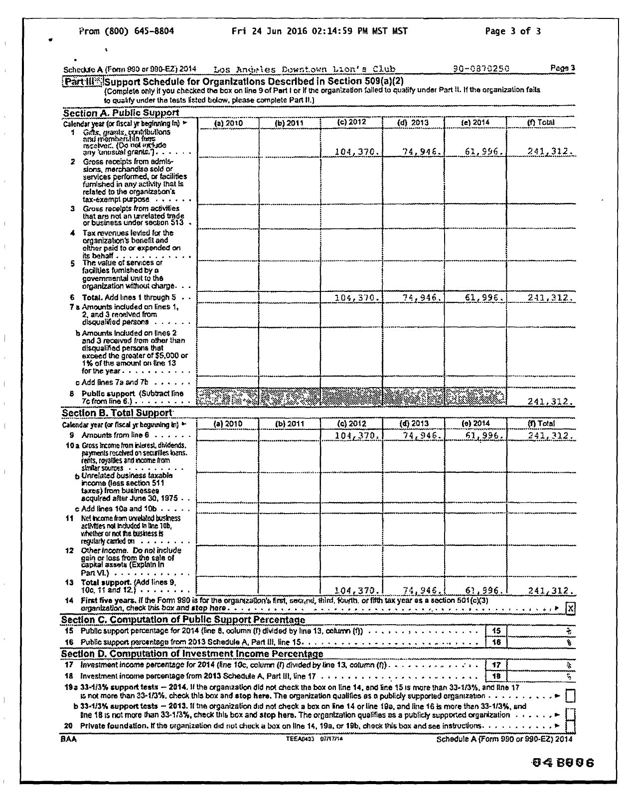 Image of first page of 2014 Form 990R for Los Angeles Downtown Lion's Club