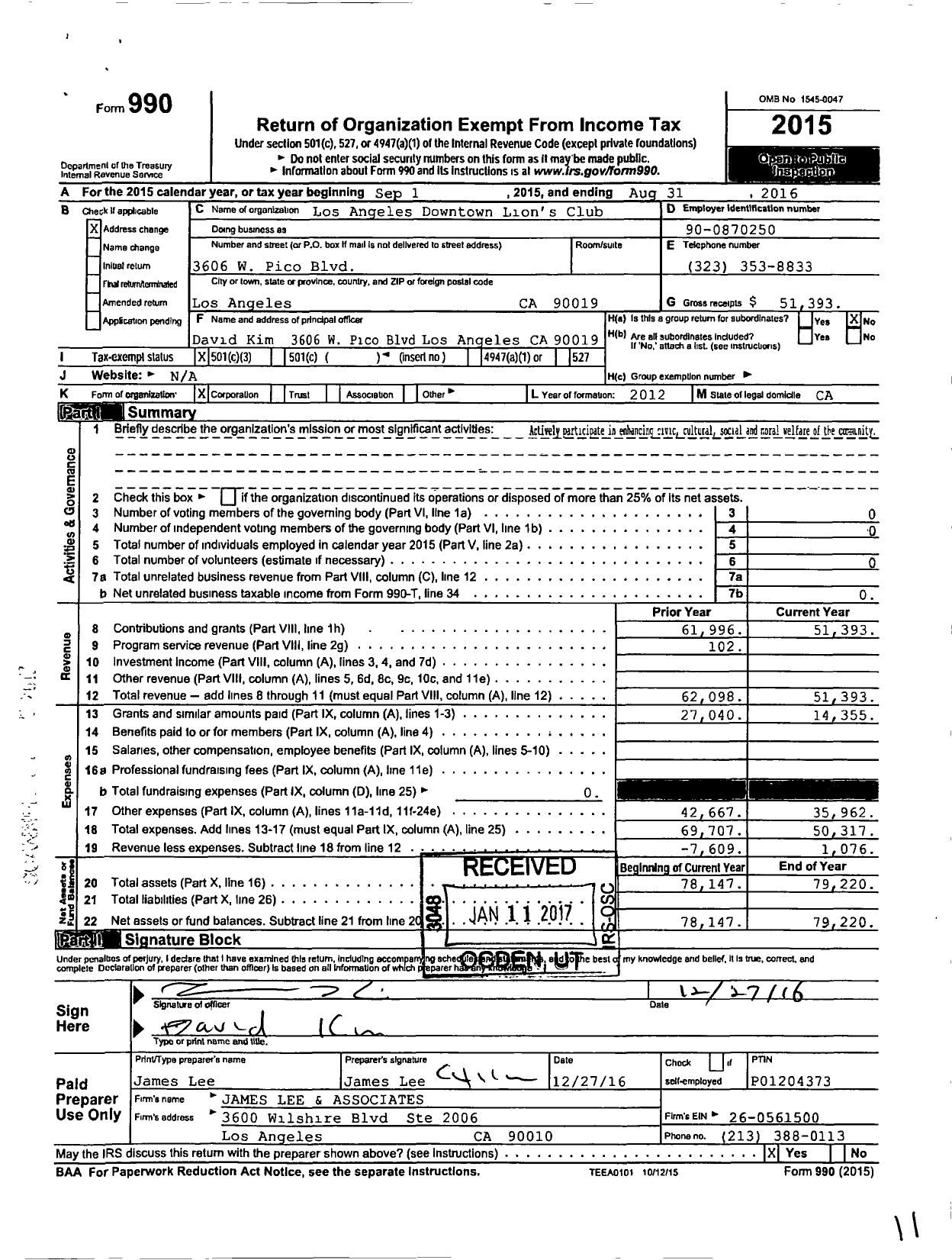 Image of first page of 2015 Form 990 for Los Angeles Downtown Lion's Club