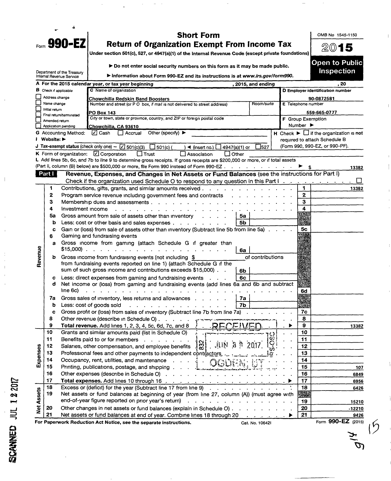 Image of first page of 2015 Form 990EZ for Chowchilla Redskin Band Boosters