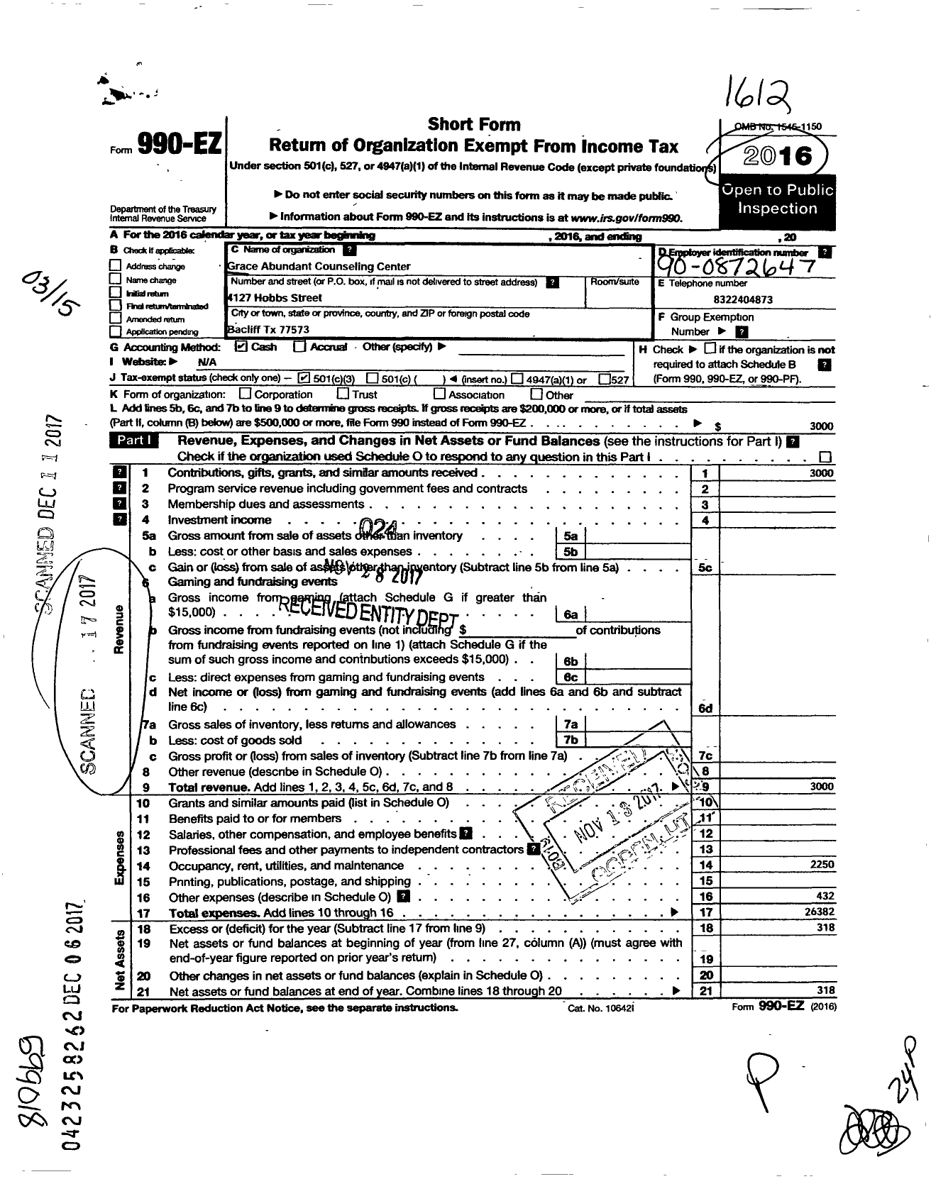 Image of first page of 2016 Form 990EZ for Grace Abundant Counseling Center