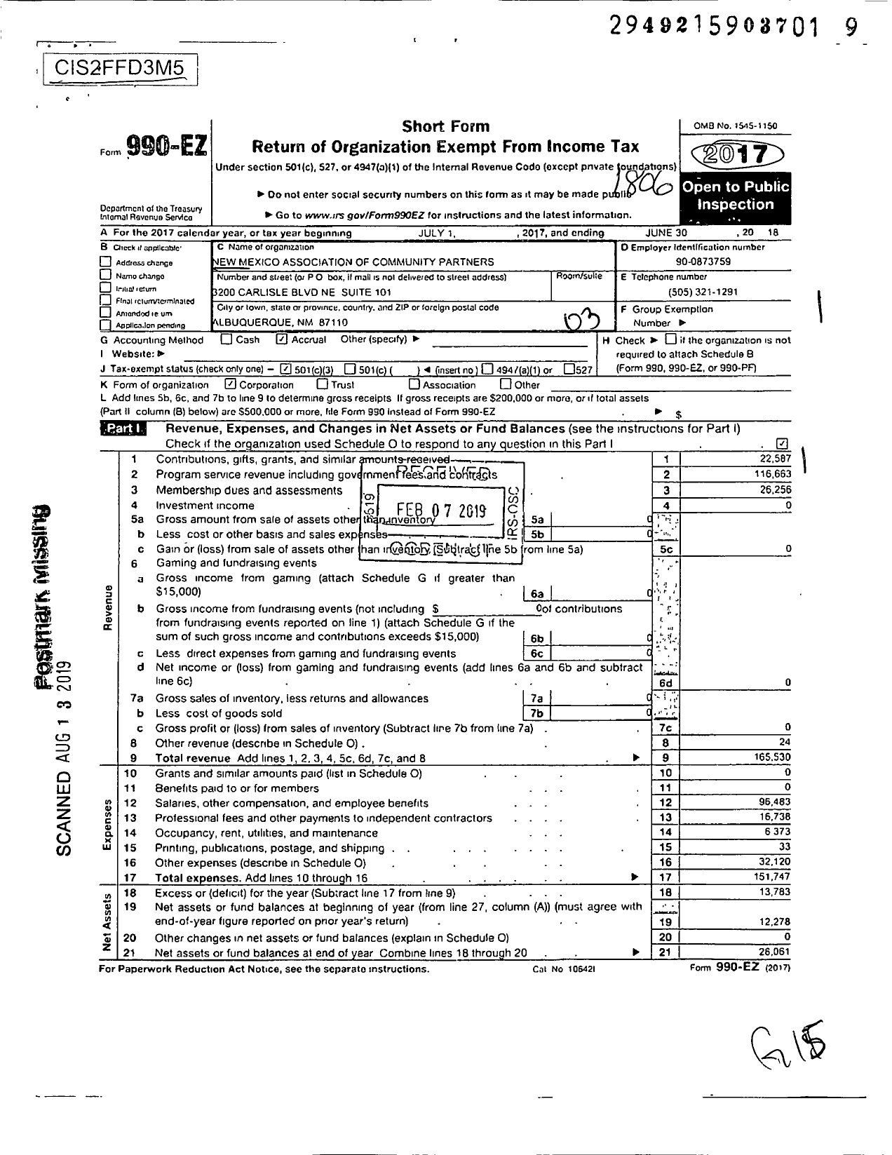 Image of first page of 2017 Form 990EZ for New Mexico Association of Community Partners