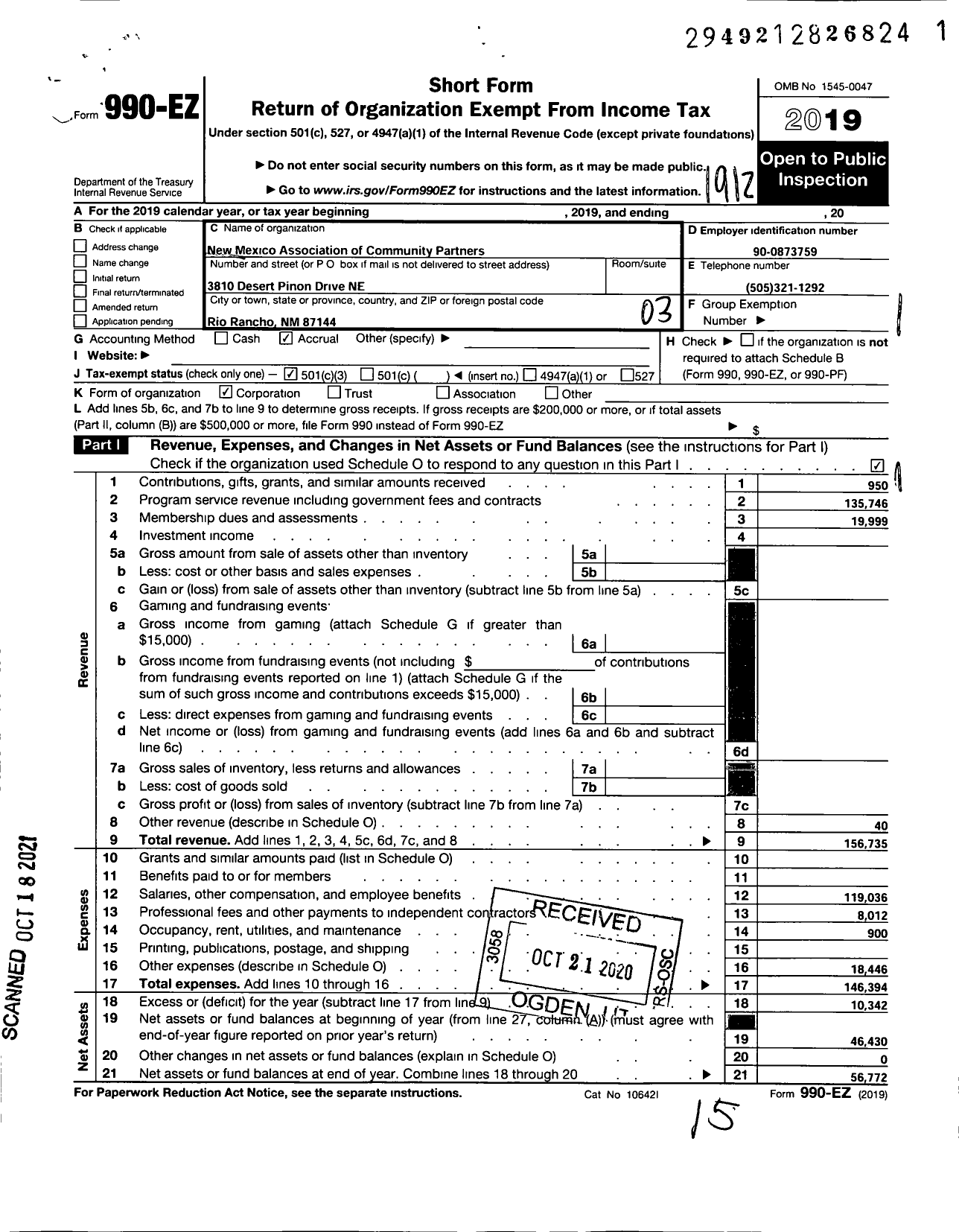 Image of first page of 2019 Form 990EZ for New Mexico Association of Community Partners