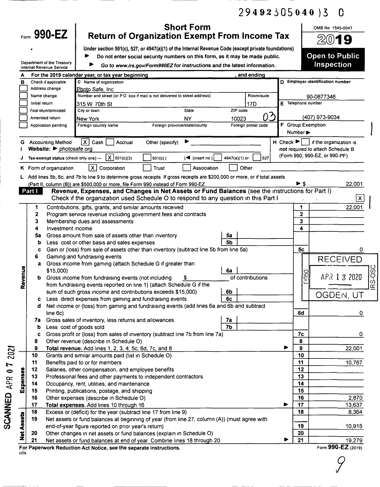 Image of first page of 2019 Form 990EZ for Photo Safe